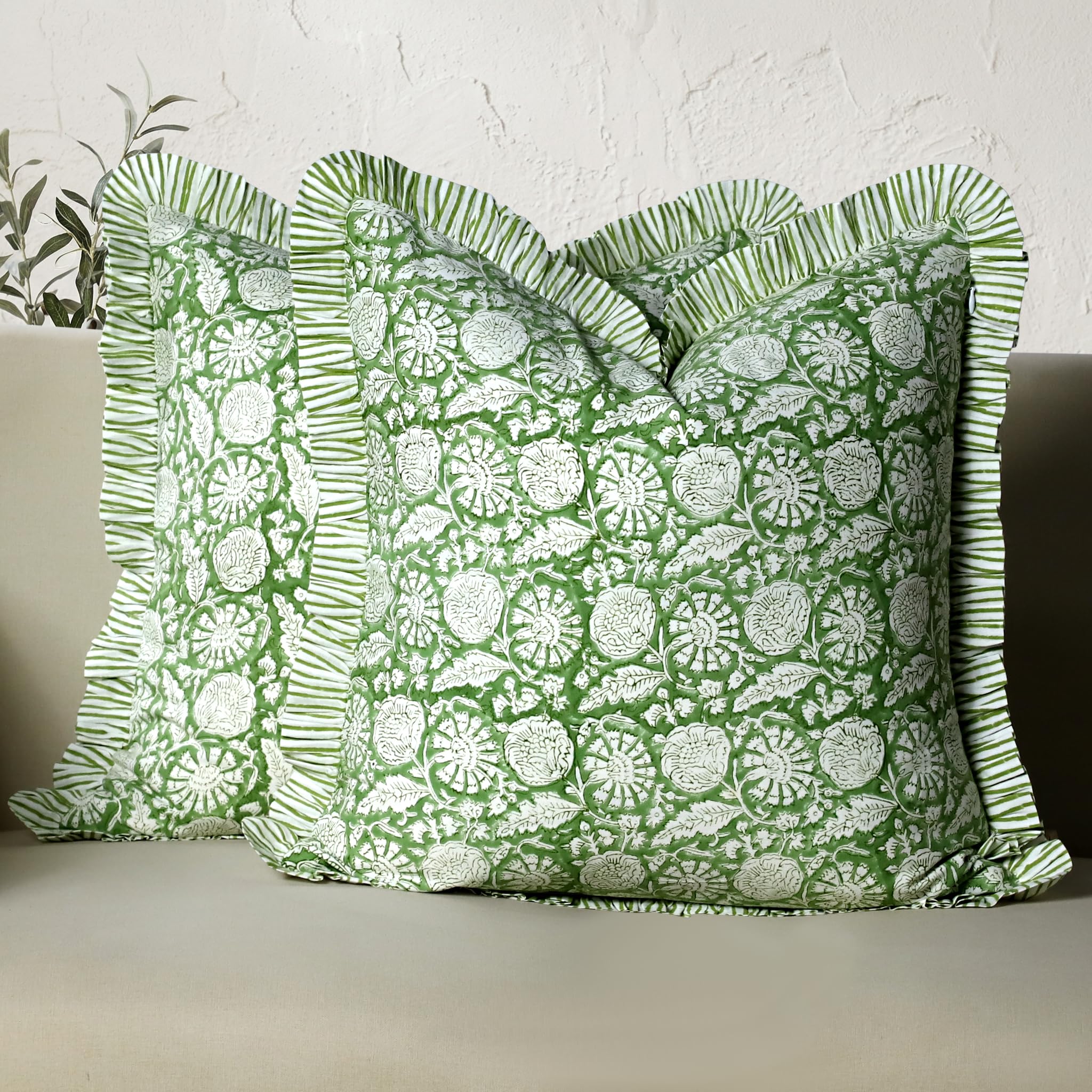 CPC Olive Bloom Hand Block Print 100% Cotton Ruffle Throw Pillow Cover 24x24 inch with Hidden Zipper Decorative for Couch, Bed, Sofa, Farmhouse, Cottagecore Decor Gift Christmas Fall Thanksgiving