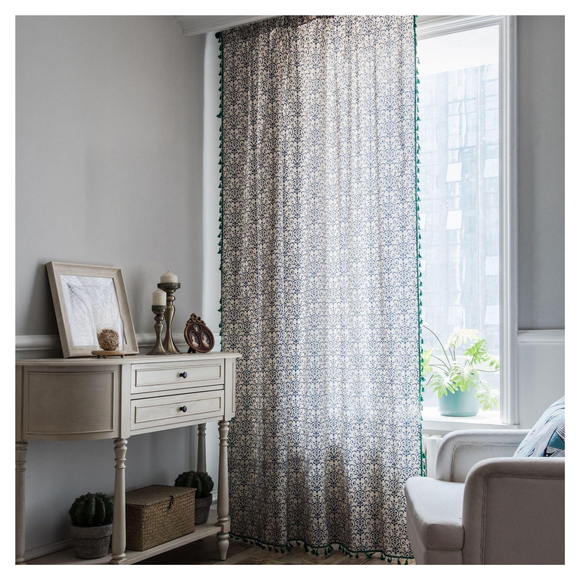Cortinas de porcelana azul y blanca con acabado semi opaco verde de alta distincion 150x160