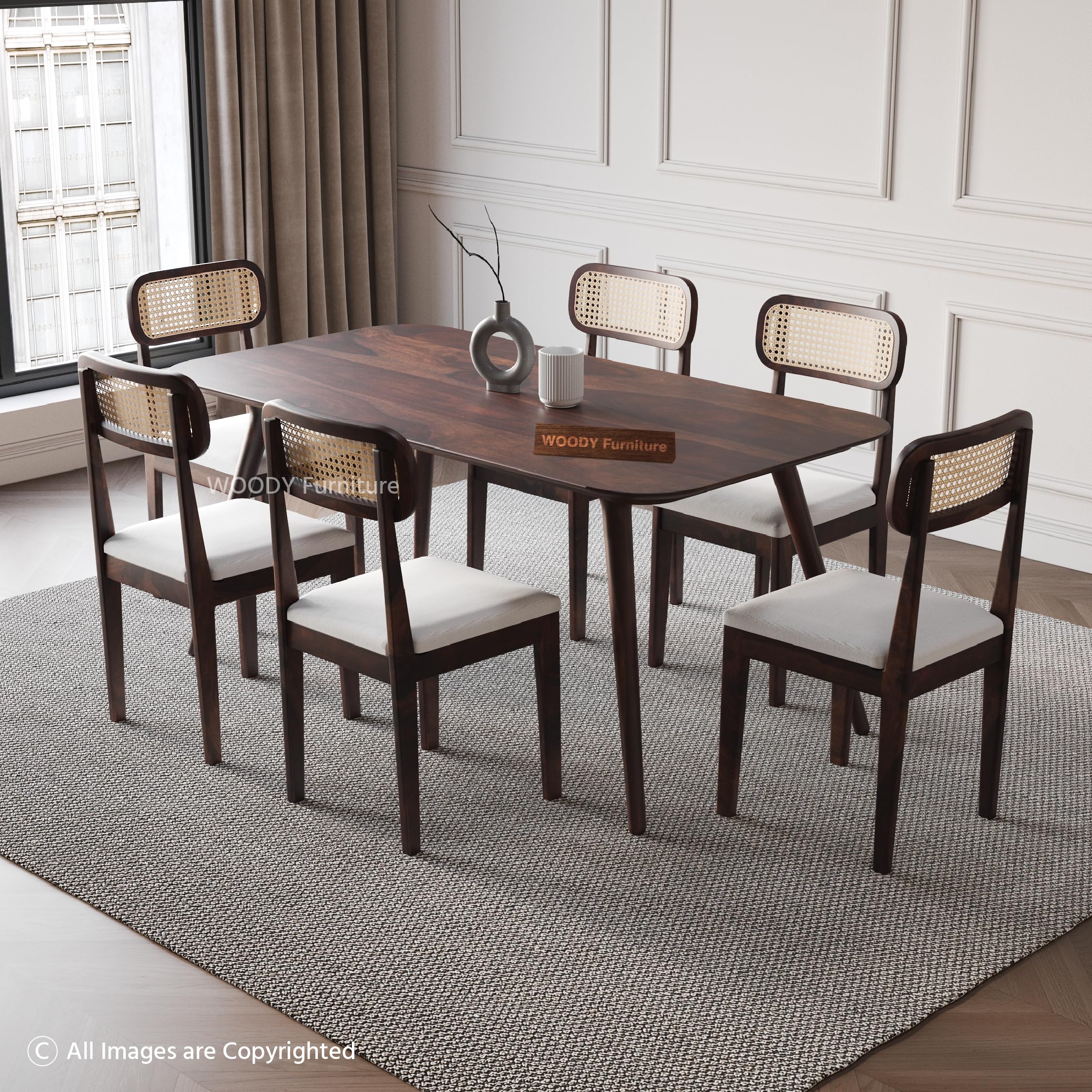 WOODY Furniture™ Sheesham Wood 6 Seater Dining Table with Cushion Chairs Wooden Rattan Dining Room Set Six Seater Dinner Table Furniture for Living Room Home and Restaurant (Walnut Finish)