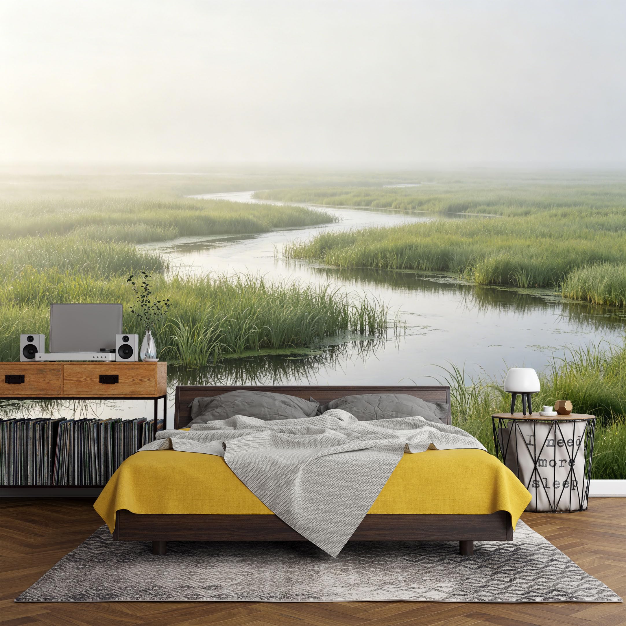Custom Size Wall Mural， Coastal Marsh River Landscape Misty Wetland Nature Scenery，SelfAdhesive Art Prints wall Fabric (No PVC) Removable Wallpaper Living Room Decor
