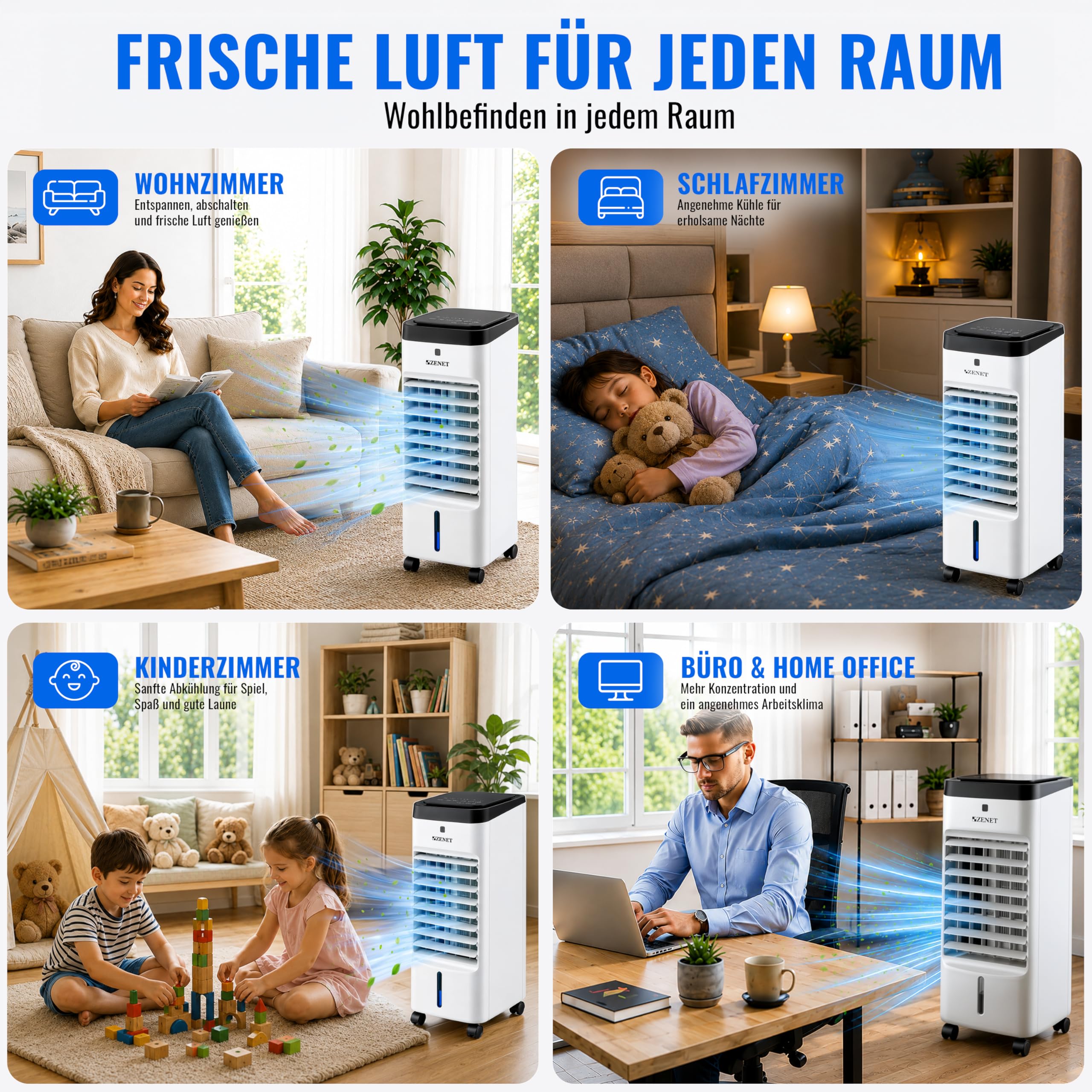 ZENET Luftkühler & Klimaanlage Mobil ohne Abluftschlauch 4-in-1 (3.5L, 65W) | Tragbare Ventilator mit Wasserkühlung, Luftbefeuchter, Luftreiniger für Zuhause, Zimmer, Büro, Timer, Fernbedienung