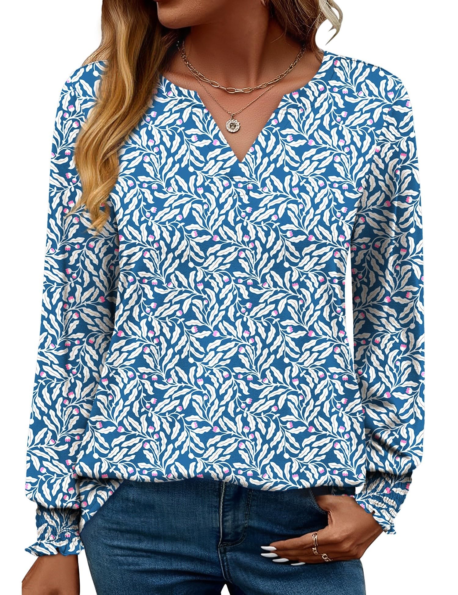 Rapbin Damen Bluse Langarm Tops Elegant Locker V-Ausschnitt Oberteile Shirt Casual Herbst Tunika