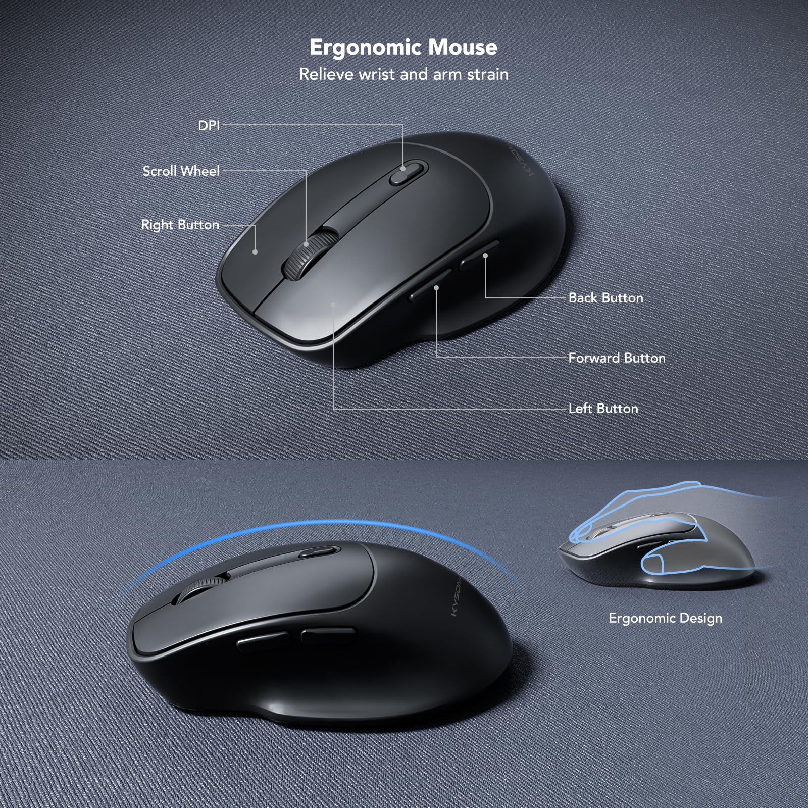 KYSONA Tastiera wireless e mouse, tastiera senza fili di dimensioni standard con poggiapolsi, supporto per iPad, 2,4 G, 3 DPI, mouse ottico regolabile per computer/laptop/PC/MAC/Windows, nero