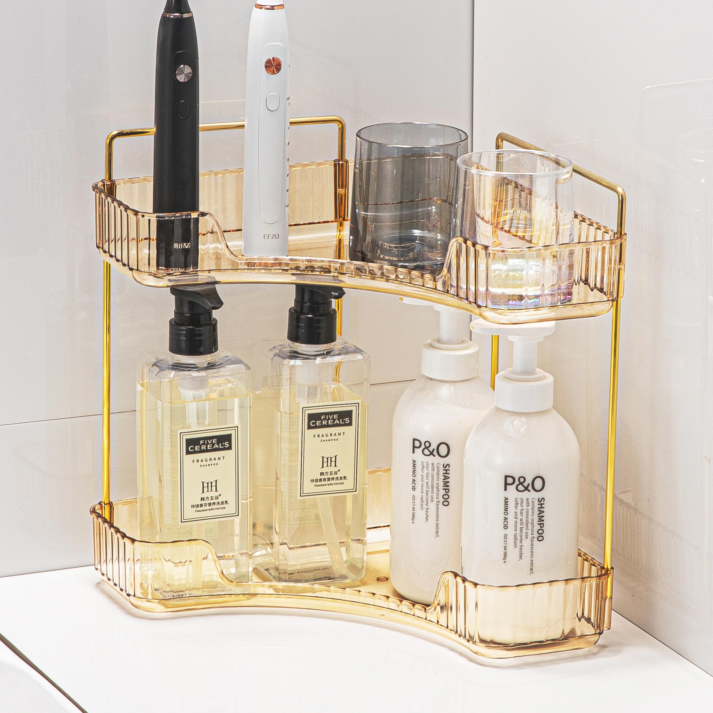 2-stöckiger Eck-Organizer Aus Metall – Gold/Weiß, Für Badezimmer, Kosmetik Oder Küche