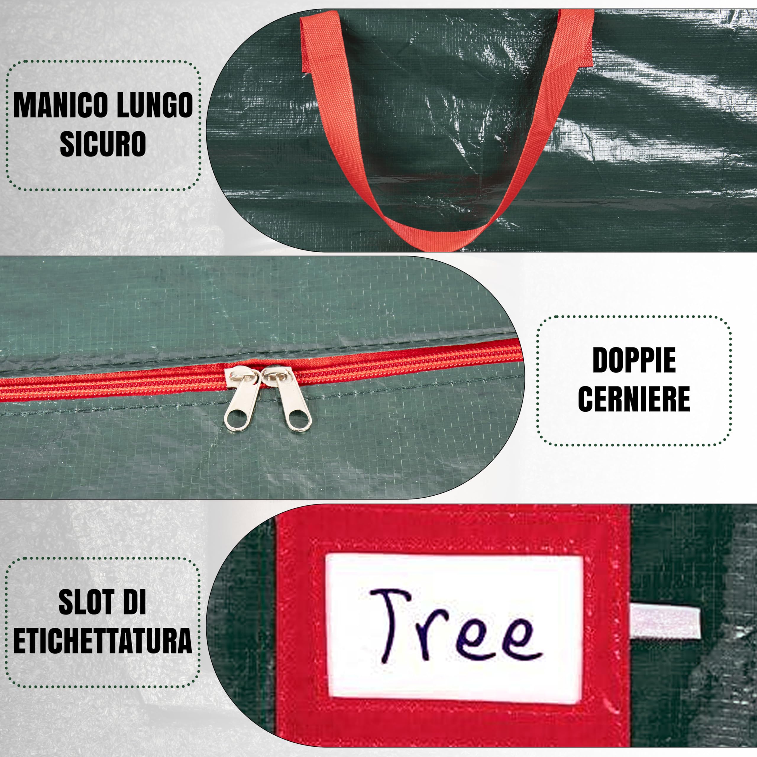 Borsa portaoggetti per alberi di Natale – Adatta ad alberi artificiali fino a 7,5 piedi – Set da 3 pezzi con 2 borse decorative – Maniglie rinforzate resistenti e cerniera