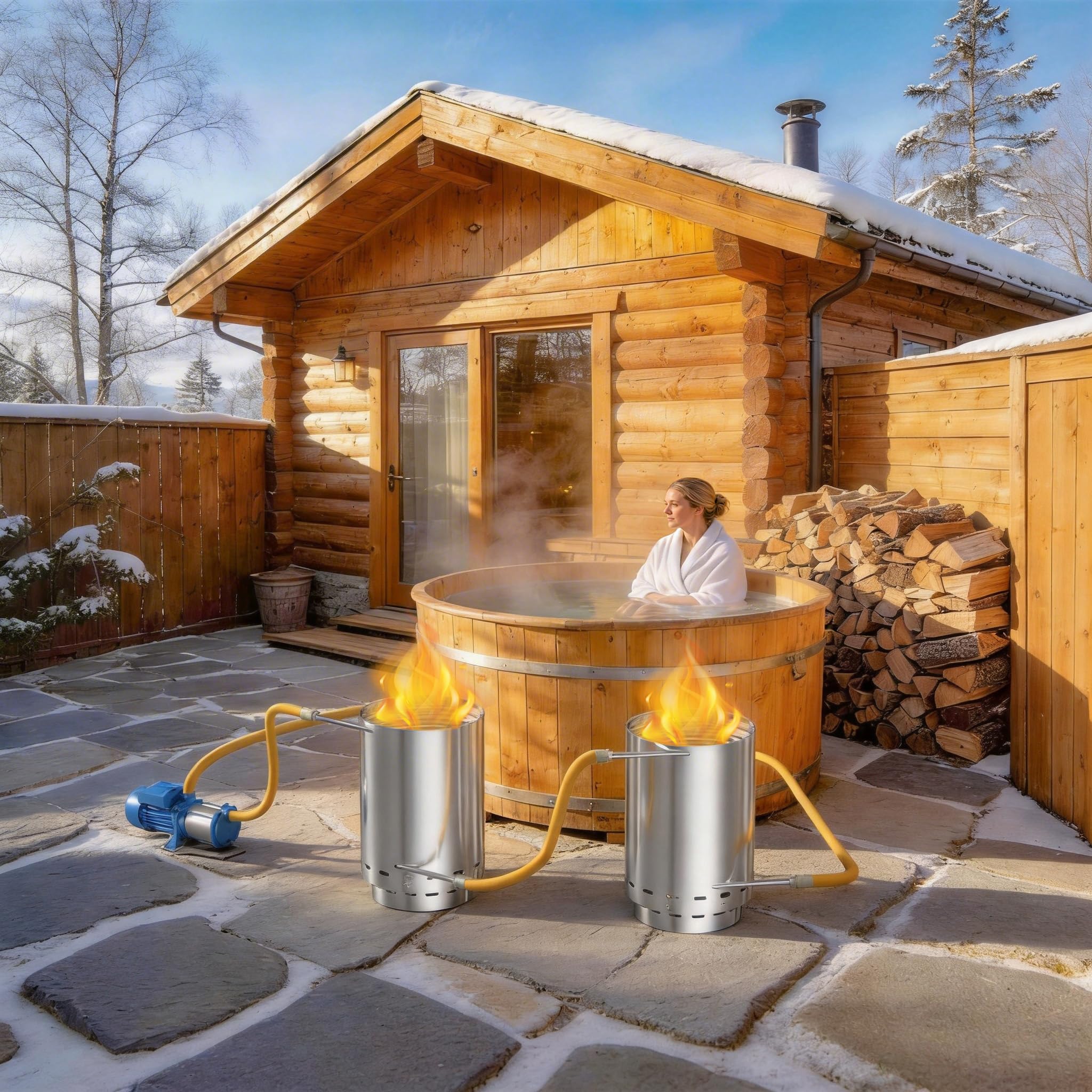 Aufun Brennholz Edelstahl Poolheizung Feuertonne Mit Heizspirale Schwimmbadheizung mit Ø 32-38 mm Anschlüsse und Eingebaute Spiralerohr Poolofen Heizungen mit Feuerfestmatten(1 Stück)