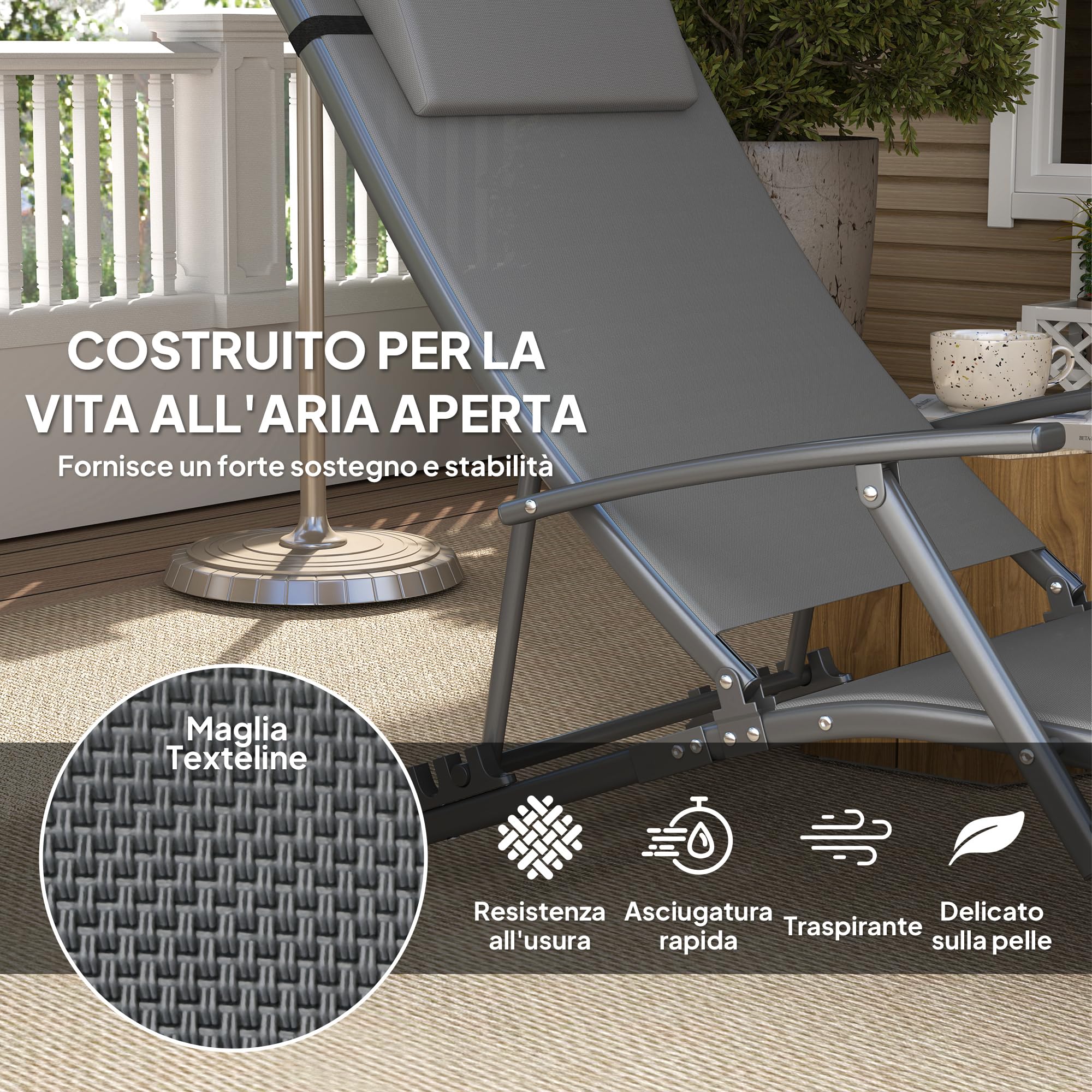 Outsunny Set di 2 Lettini Prendisole Pieghevoli 64x168x75 cm Grigio | Schienale Regolabile su 4 Livelli, Sdraio da Giardino, Seduta e Poggiatesta in Acciaio e Textilene, per Spiaggia e Piscina