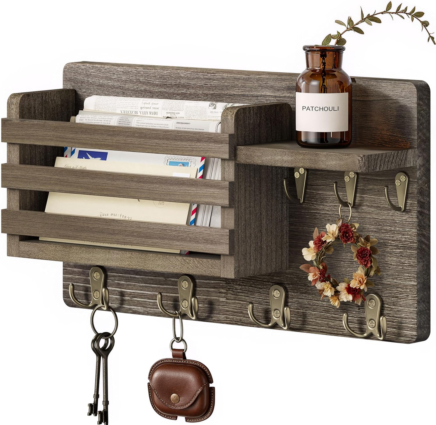 Key Holder Wall Mount with Mail Organizer, 16" L x 5" W x 9.1" H Oversized Keys Hanger Rack with Shelf and 7 Hooks, Wood Wall Organizer for Wallet, Dog Lesh (Brown)