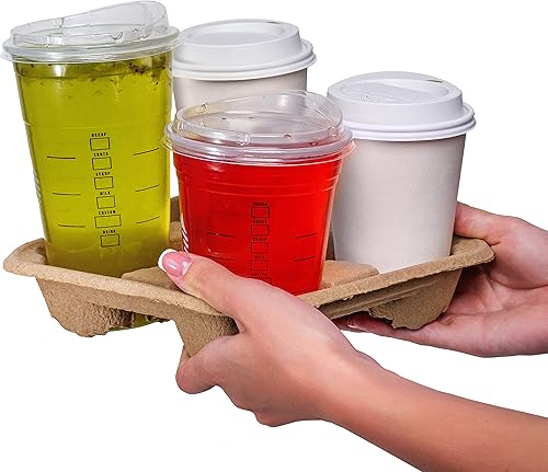 Miniatura 2 de Bandeja portadora de 4 tazas (paquete de 50), soporte desechable sin derrames, biodegradable, ecológica para la entrega de bebidas calientes o