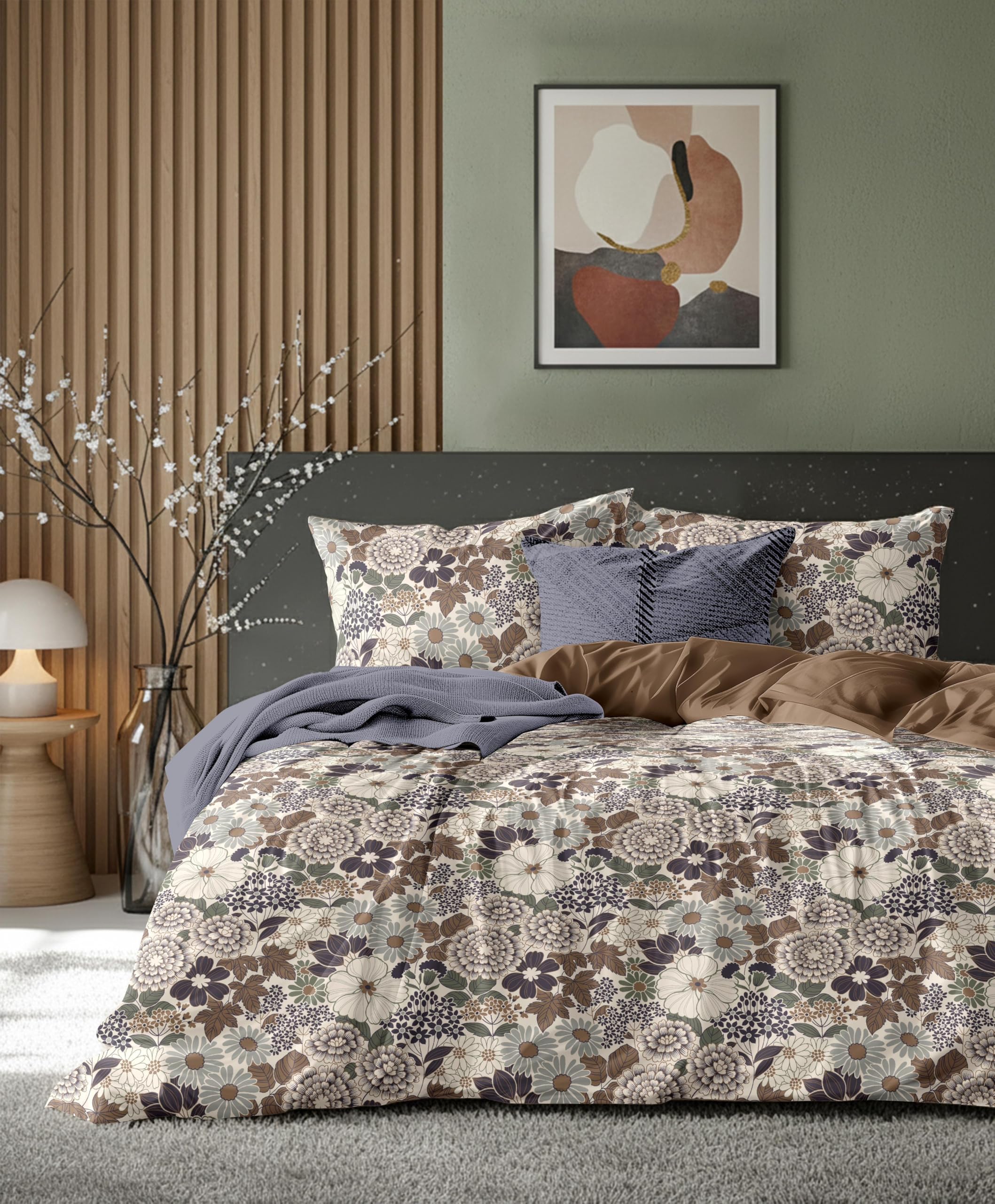 King Size Cotton Bedding Set Combo: King Size Duvet Cover (90x100 Inches) + 300 TC Cotton Fitted Bedsheet Set|Breathable Soft Fabric|Bedding DÉCOR|Gift Set|Beige Multi-image-29