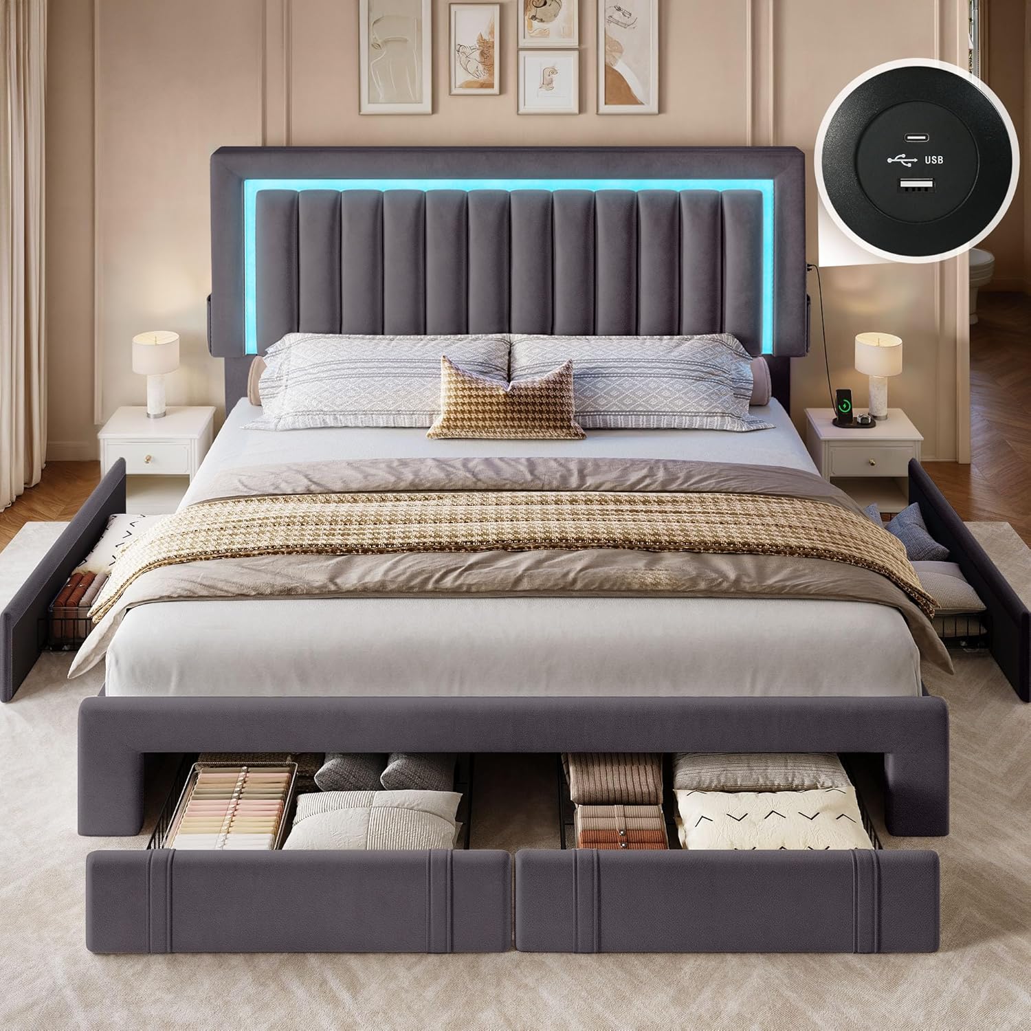 DWVO Queen Size Bed Frame with Adjustable Headboard, 4 Storage Drawers and RGB LED Lights, Velvet Upholstered Platform Bed with USB Ports, No Box Spring Needed, Fast Assembly, Noise-Free, Grey