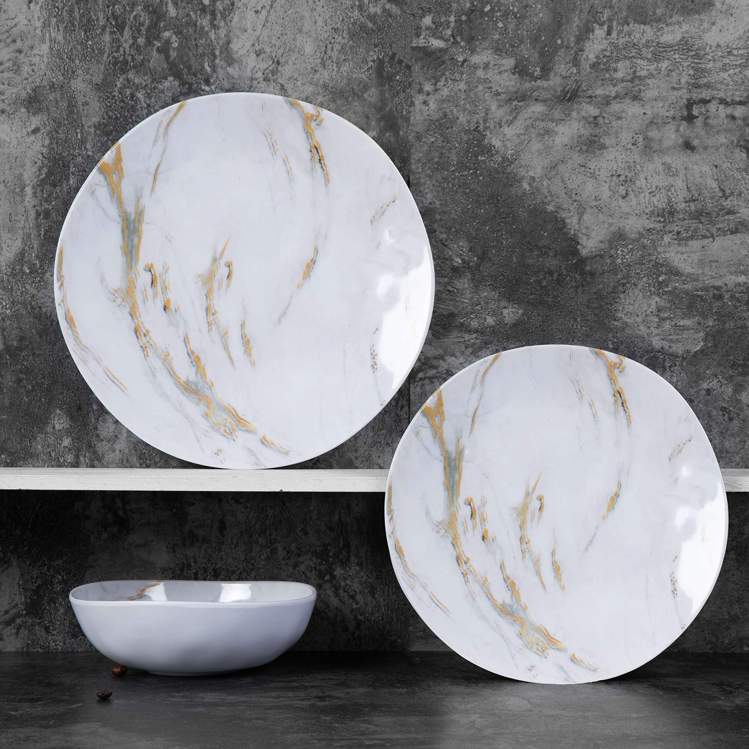 Melamine Dinnerware Set - 12pcs Plastic Dishes Dinnerware Set for 4, Everyday Use, Marble Pattern, Not for Microwave