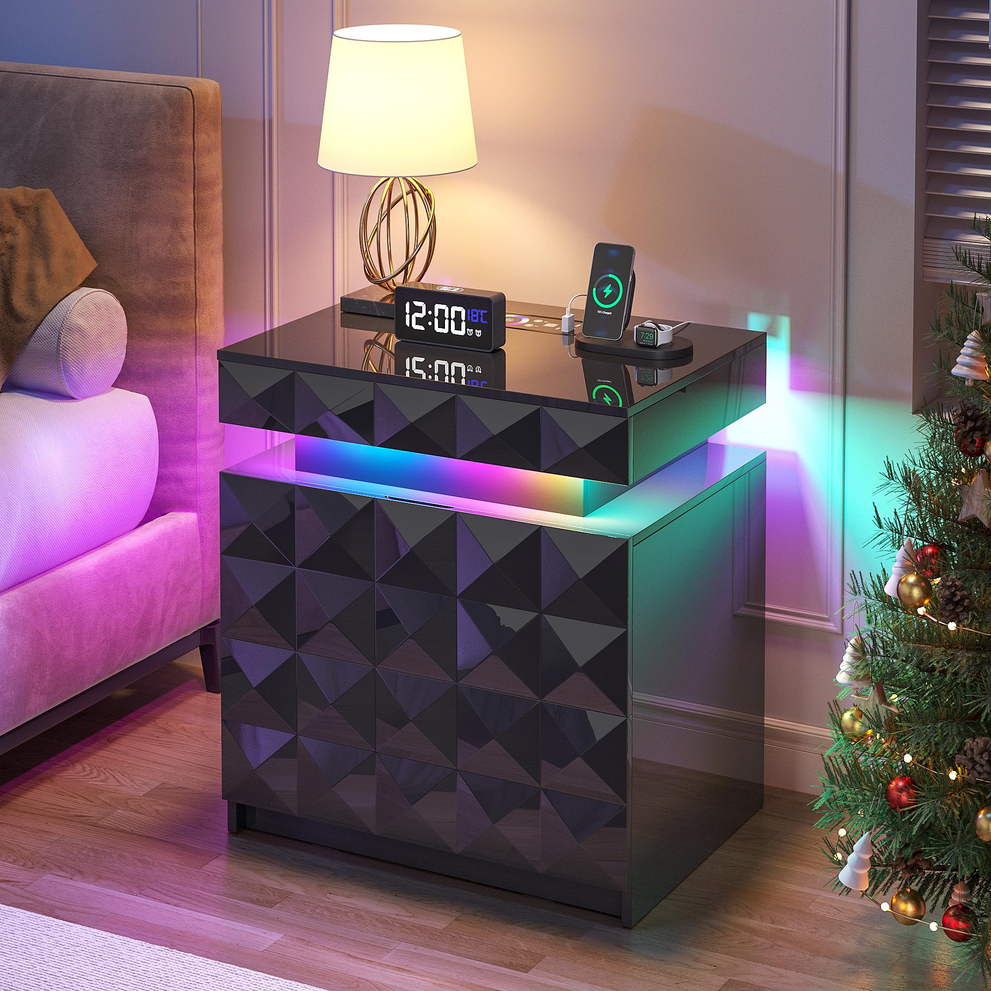 FREDEES LED Nachttisch mit Ladestation - Nachttisch mit 3 Schubladen und Abschließbarem, Verstecktem Stauraum, Intelligenter Nachttisch mit Human-Sensor RGB-Beleuchtung, Schwarz