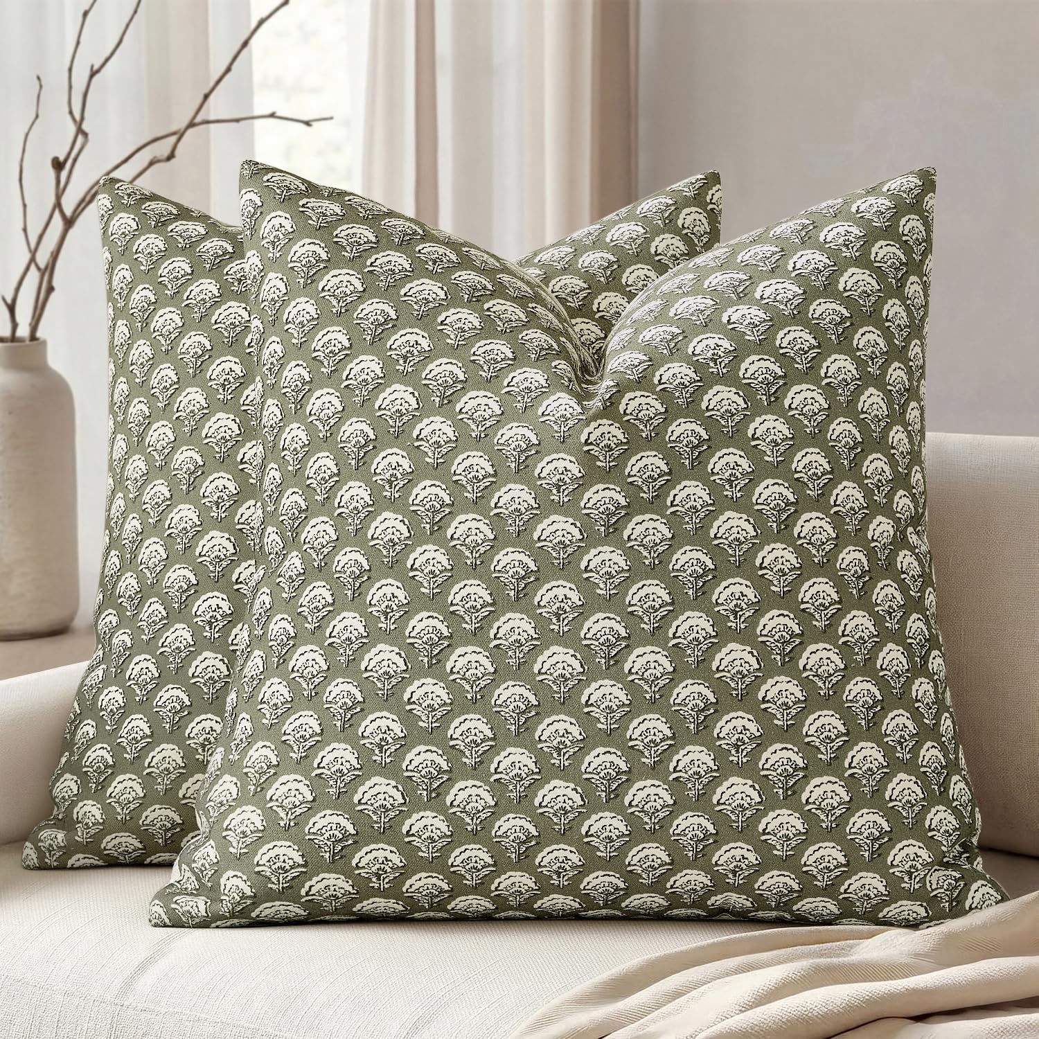 MIULEE Set of 2 Decorative Floral Pillow Covers Neutral Vintage Throw Pillows Block Print Boho Farmhouse Cushion Covers for Modern Spring Home Decor Couch Sofa Bed Living Room, 18x18 Inch, Light Taupe — view 12