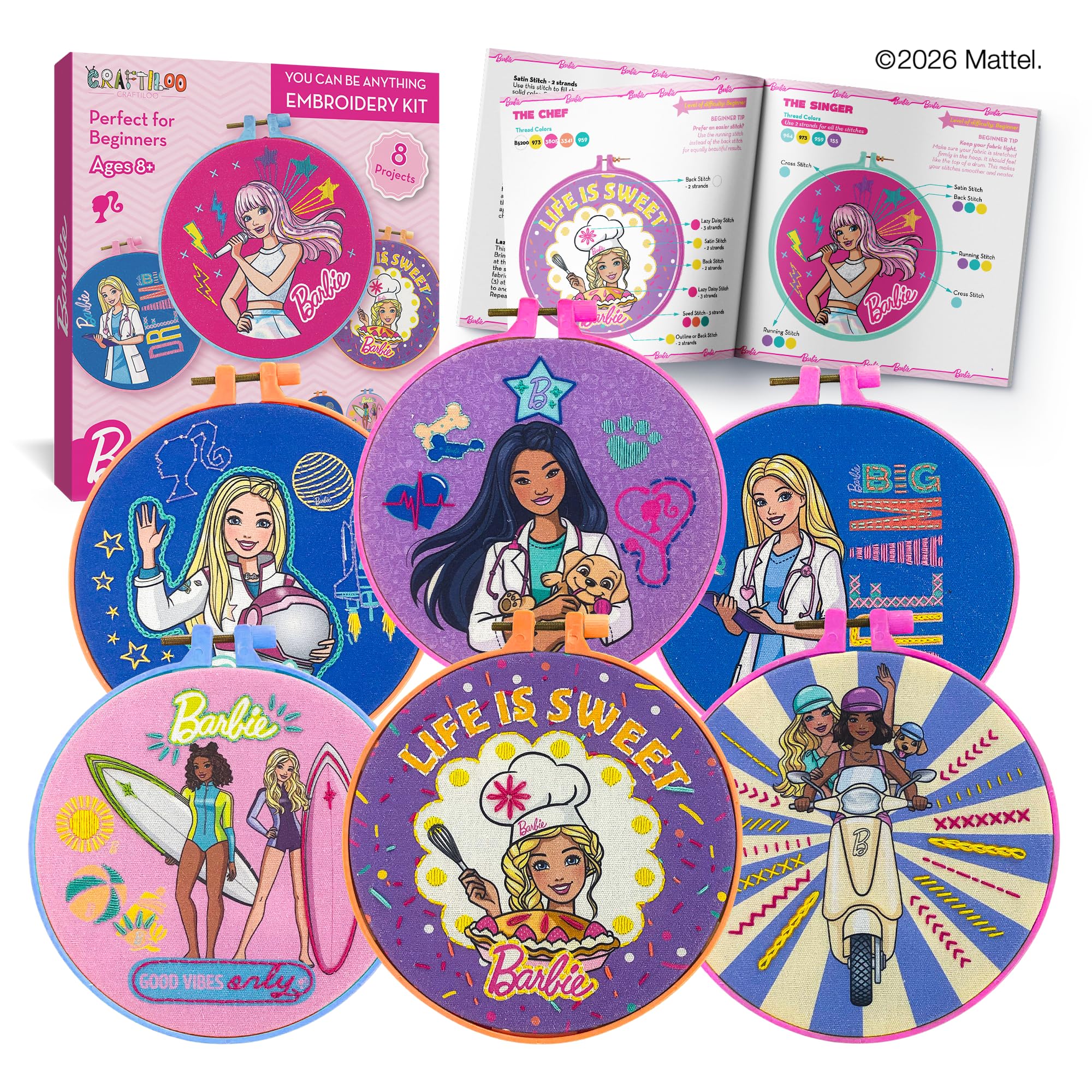 Barbie Kit de broderie pour enfants – Kit de bricolage pour filles de 8 à 12 ans avec 8 motifs, 2 cerceaux, aiguilles, fil – Ensemble complet de couture et d'artisanat, cadeau d'anniversaire
