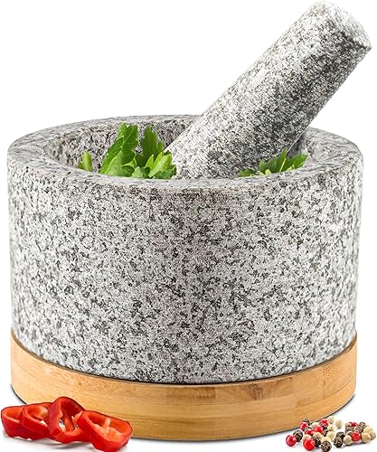 Juego de mortero y mortero de alta resistencia con base de bambú, 1.5 tazas, mortero de granito 100% natural y cuenco de molinillo de piedra
