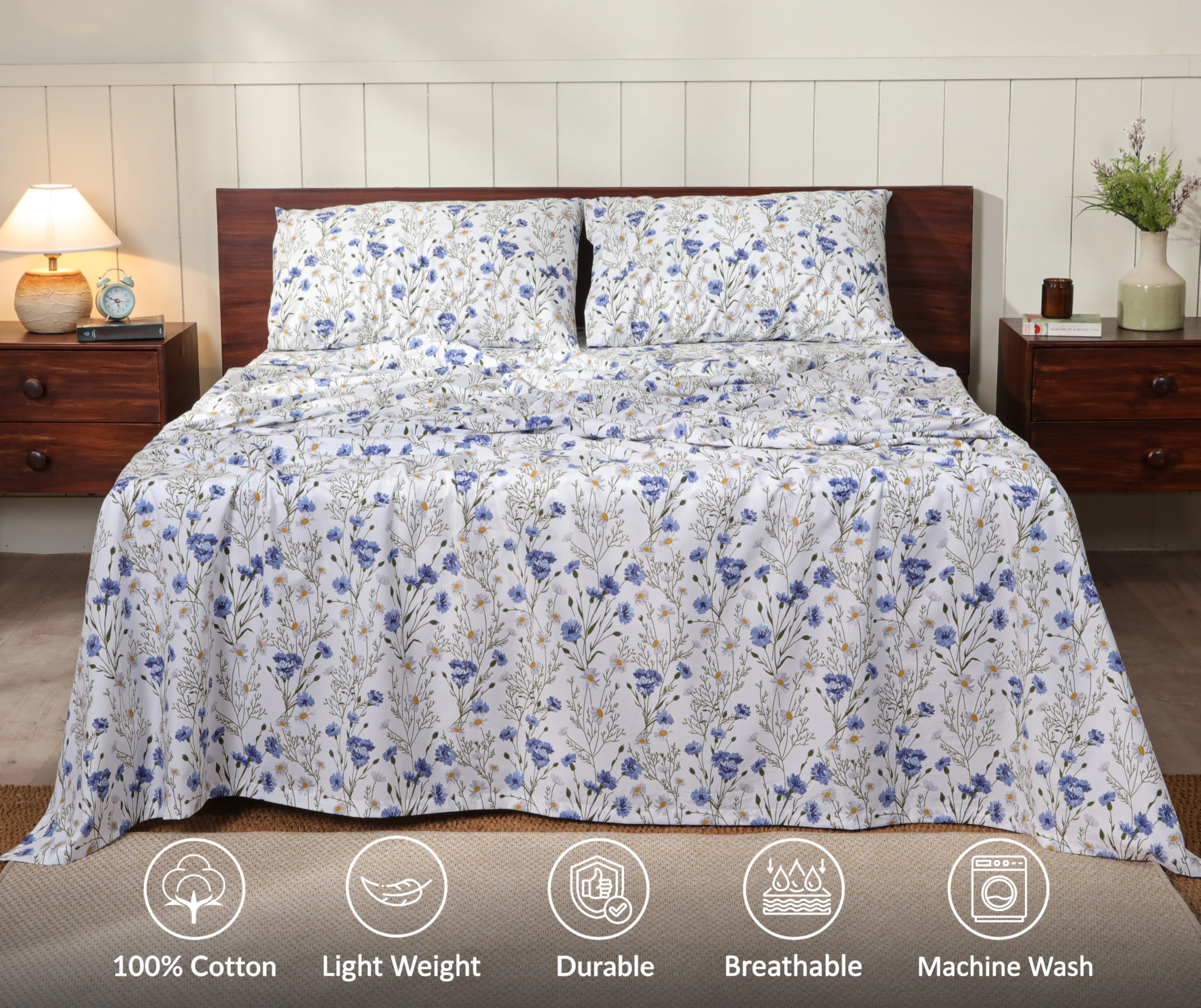 Ruvanti - Set di lenzuola in 100% cotone, per letto king size, 4 pezzi, morbide e traspiranti, tasca profonda 40,6 cm, qualità da hotel, fresche, resistenti, motivo floreale, pisello dolce