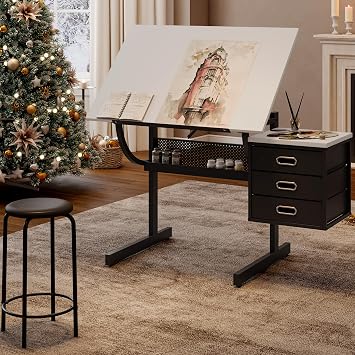 Drafting Table Desk w/Stool, Painting Drawing Table Art Craft Desk Crafting Table with MDF Top, 3 Storage Drawers and Powder-Coated Steel Frame White