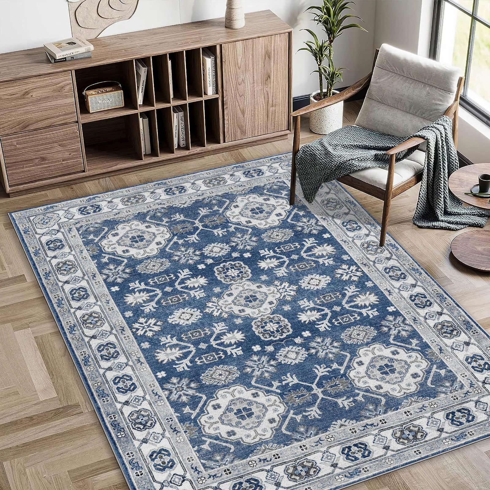 LIODUX Boho Area Rugs, Large Washable Area Rug, No Slip Thin Rugs Carpet, Bohemian Vintage Carpet Outdoor Rugs for Living Room Bedroom Office Aesthetic Decor (Navy, 140 x 200 CM)