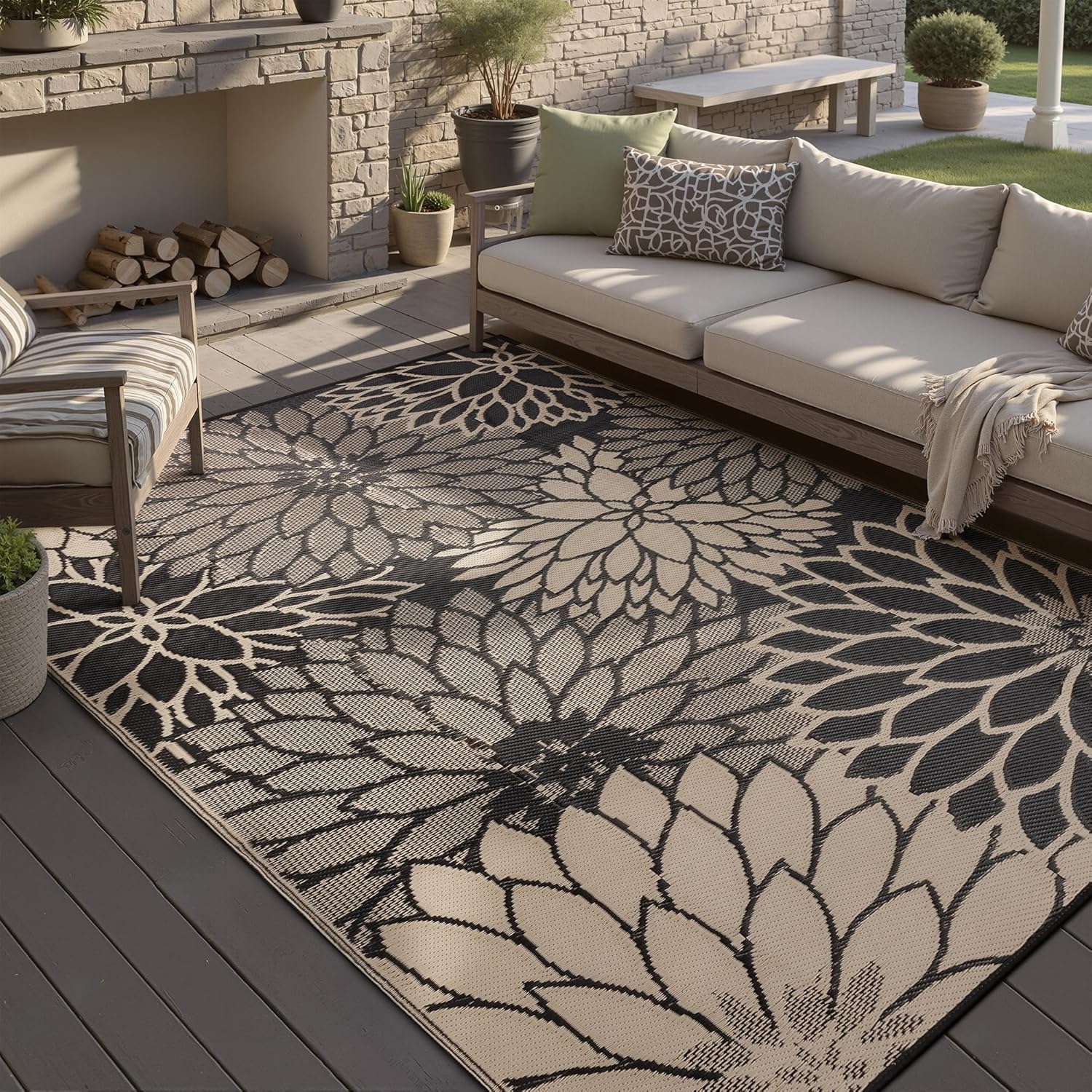 HUGEAR 9'x12' Outdoor Rug Waterproof Plastic Straw Rugs Large Brown Reversible Floral Mat Floor Carpet for Camping RV Deck Entryance Porch Picnic Balcony Beach Backyard