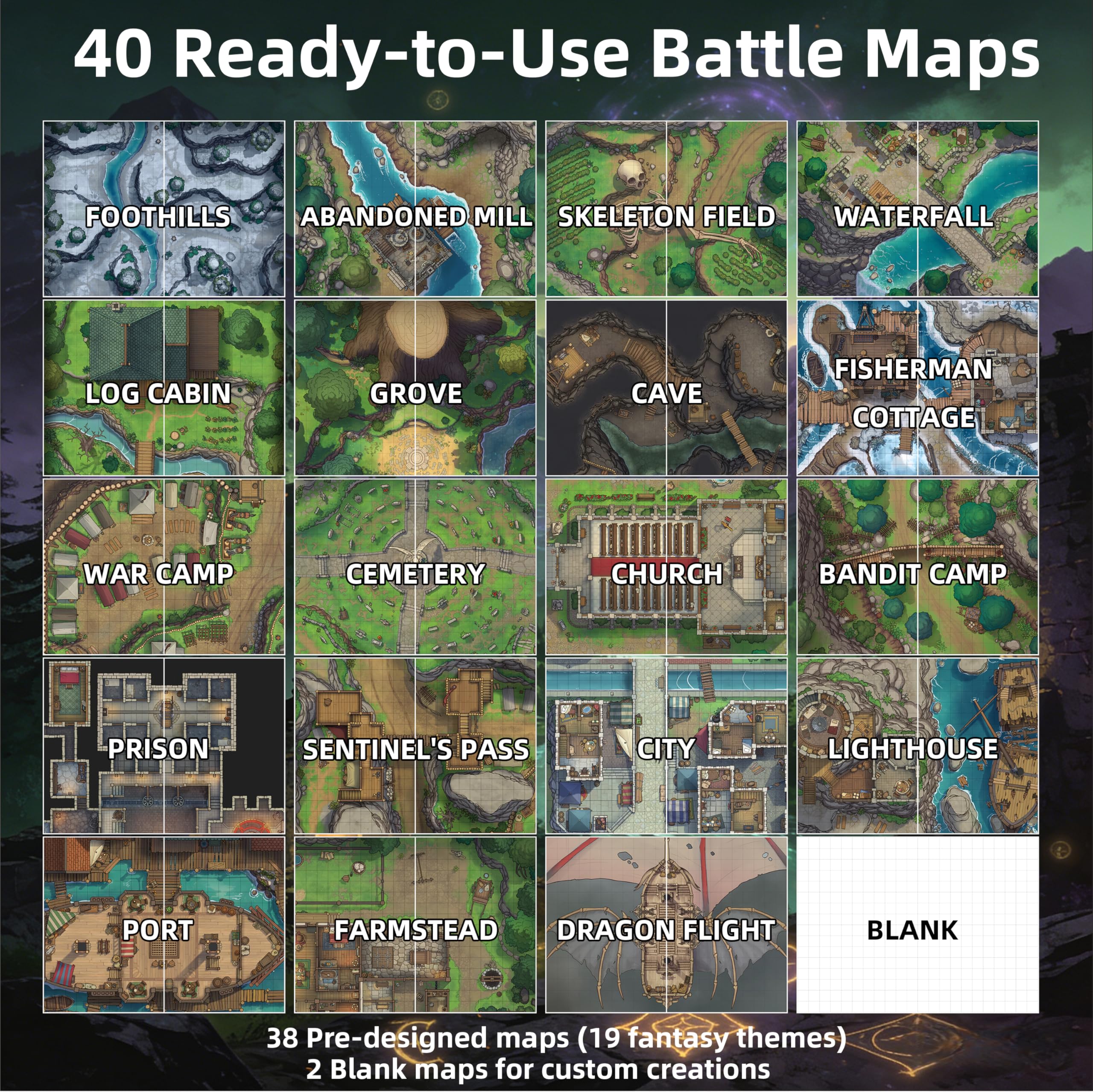 DND Battle Map Book – 39 tappetini riutilizzabili cancellabili a secco/bagnato con oltre 200 decalcomanie paesaggistiche, griglia da 2,5 cm e rilegatura piatta – Kit portatile RPG terreno per campagne