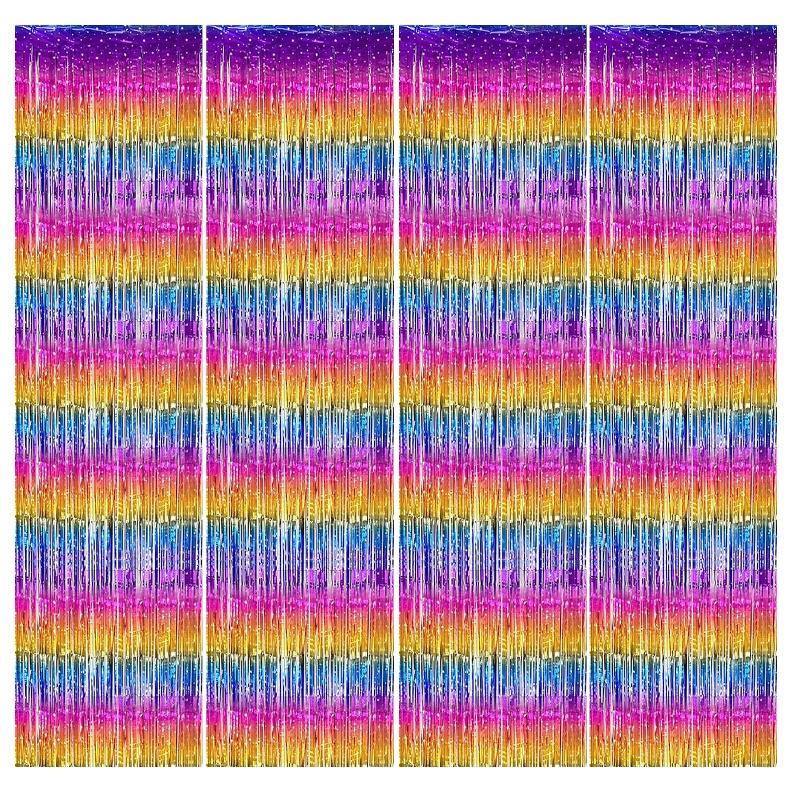 4pcs Rainbow Foil Curtain, 3.2ft x 6.5ft Rainbow Tinsel Curtains, Metallic Tinsel Streamers Backdrop, Laser Glitter Party Curtain, Tinsel Foil Fringe Curtains, Glitter Party Curtain For Party