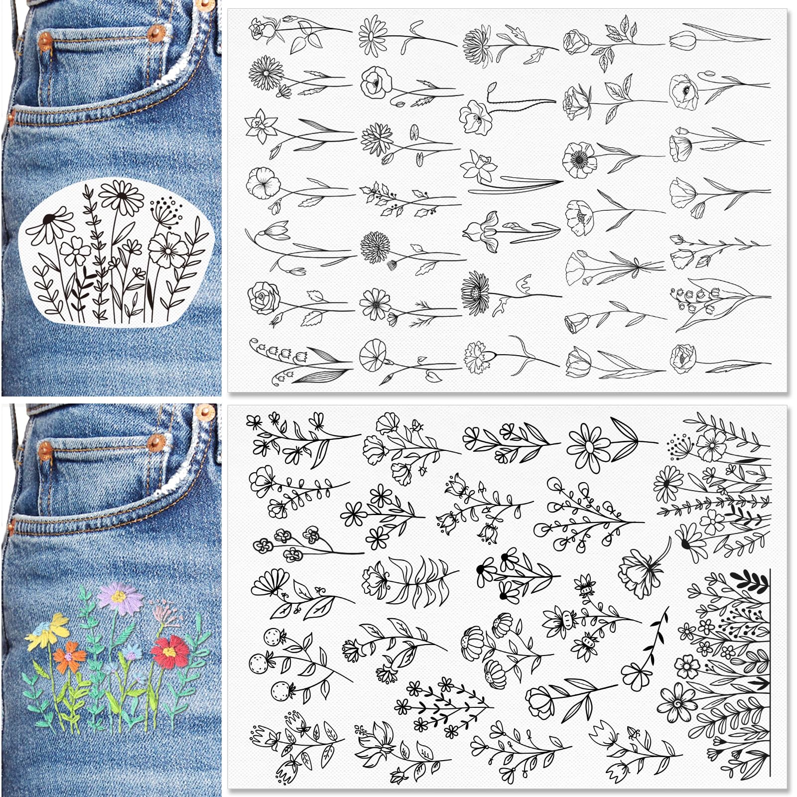 Patemby Embroidery Pattern Water Soluble Embroidery Stabilizers, Stick and Stitch Embroidery Paper Wash Away with Pre-Printed Pattern Designs Stencils Transfers for Hand Sewing Lover Beginner