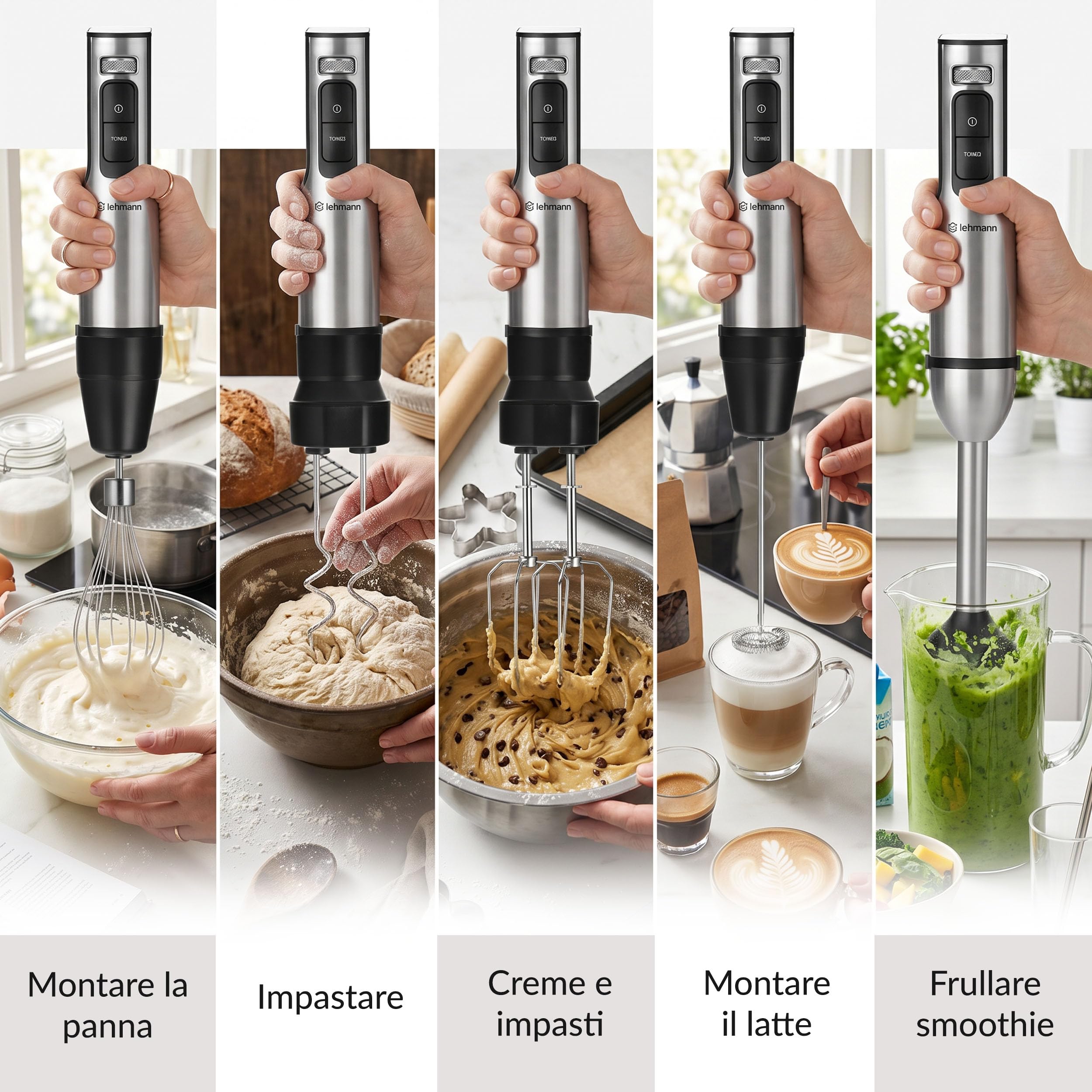LEHMANN Set Frullatore a Immersione Multifunzione 6 in 1 con Supporto, 2000 W, 12 Velocità e Turbo, 7 Accessori, Bicchiere 800 ml e Tritatutto 600 ml, Display con Velocità visibile, senza BPA