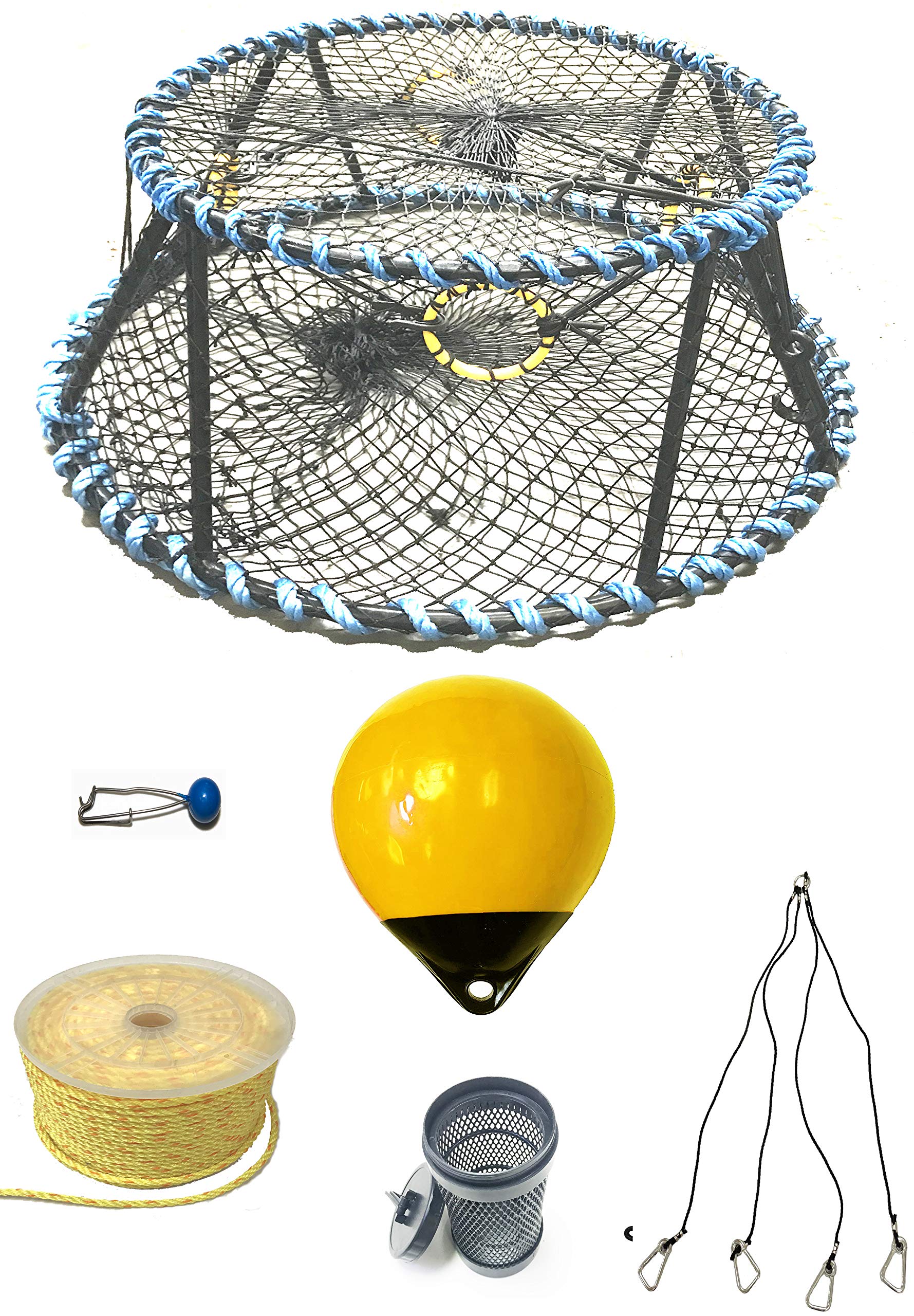 KUFA Sports Vinyl Coated Heavy Duty Tower Style Prawn Trap with 400' Rope, Yellow Float, Vented Bait Jar & Harness Combo (CT130+PAP306+HA5)