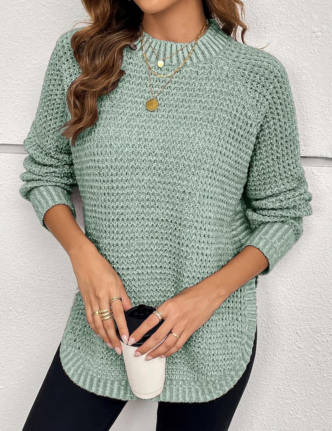 Womens Chunky Waffle Knit Sweater Fall 2025 Trendy Dressy Casual Crewneck Pullover Sweaters - Image 4
