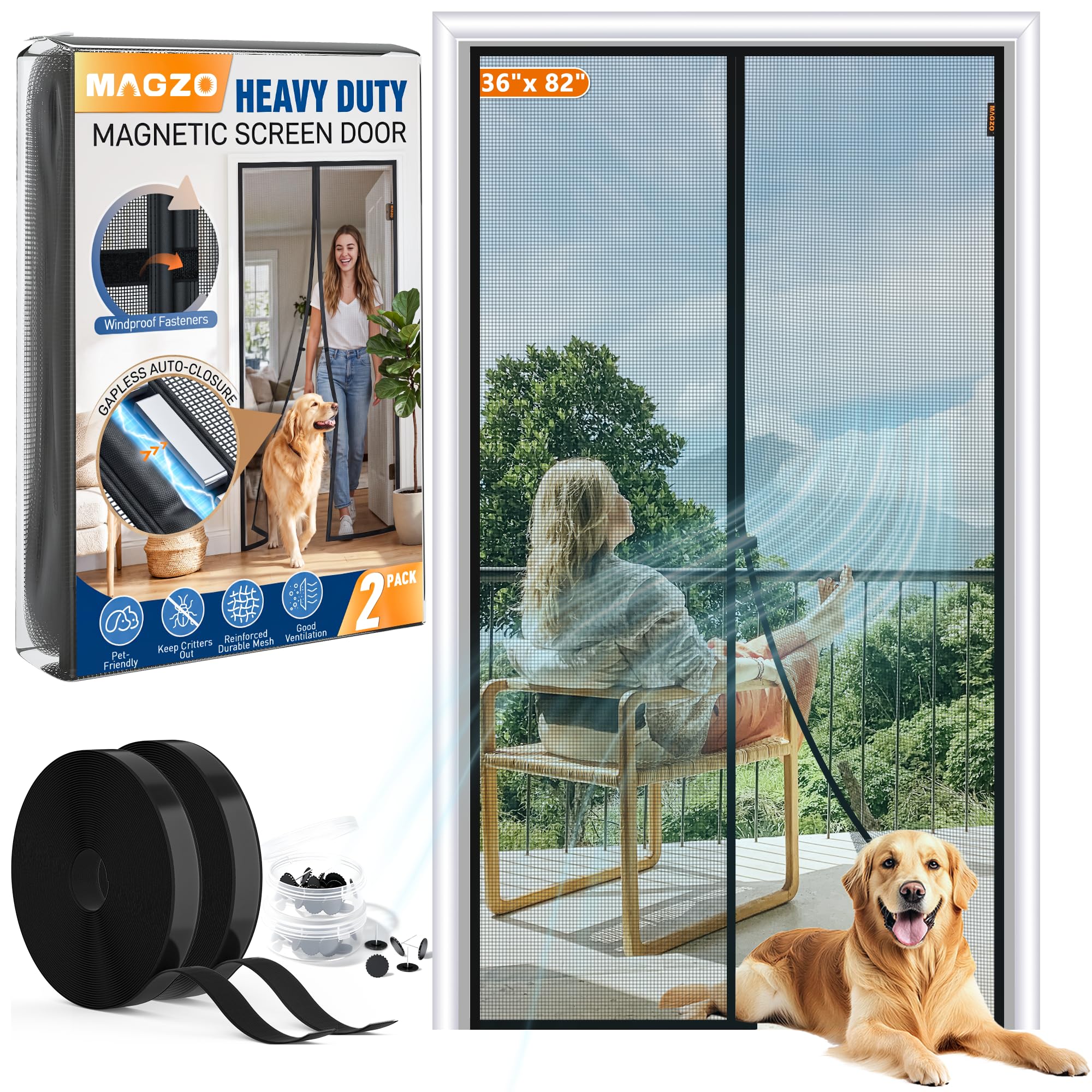 MAGZO Magnetic Screen Door 2-Pack Fits Door Size 36"x82", Hands-Free Mesh