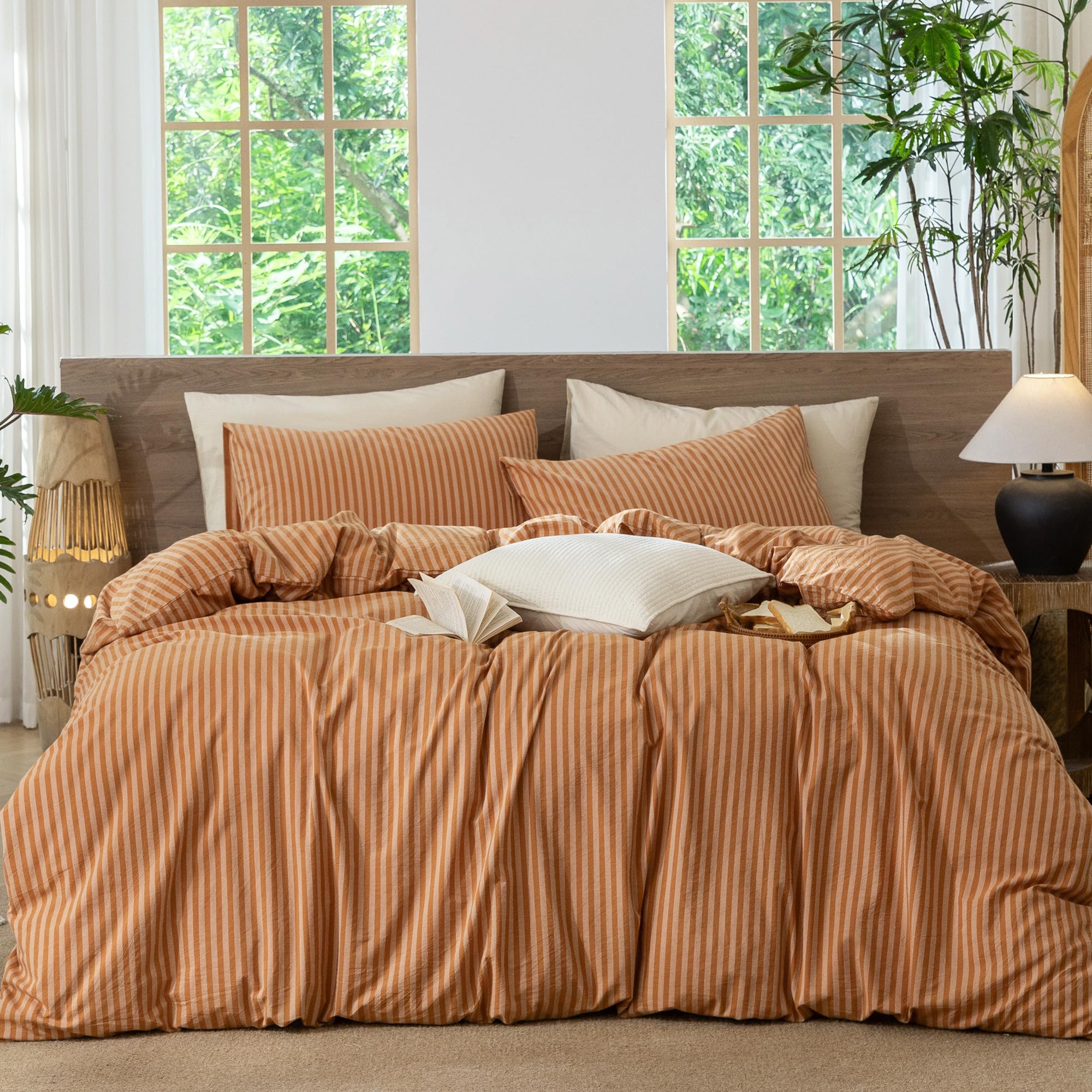 MooMee Striped Duvet Cover Set 100% Washed Cotton Linen Like Queen