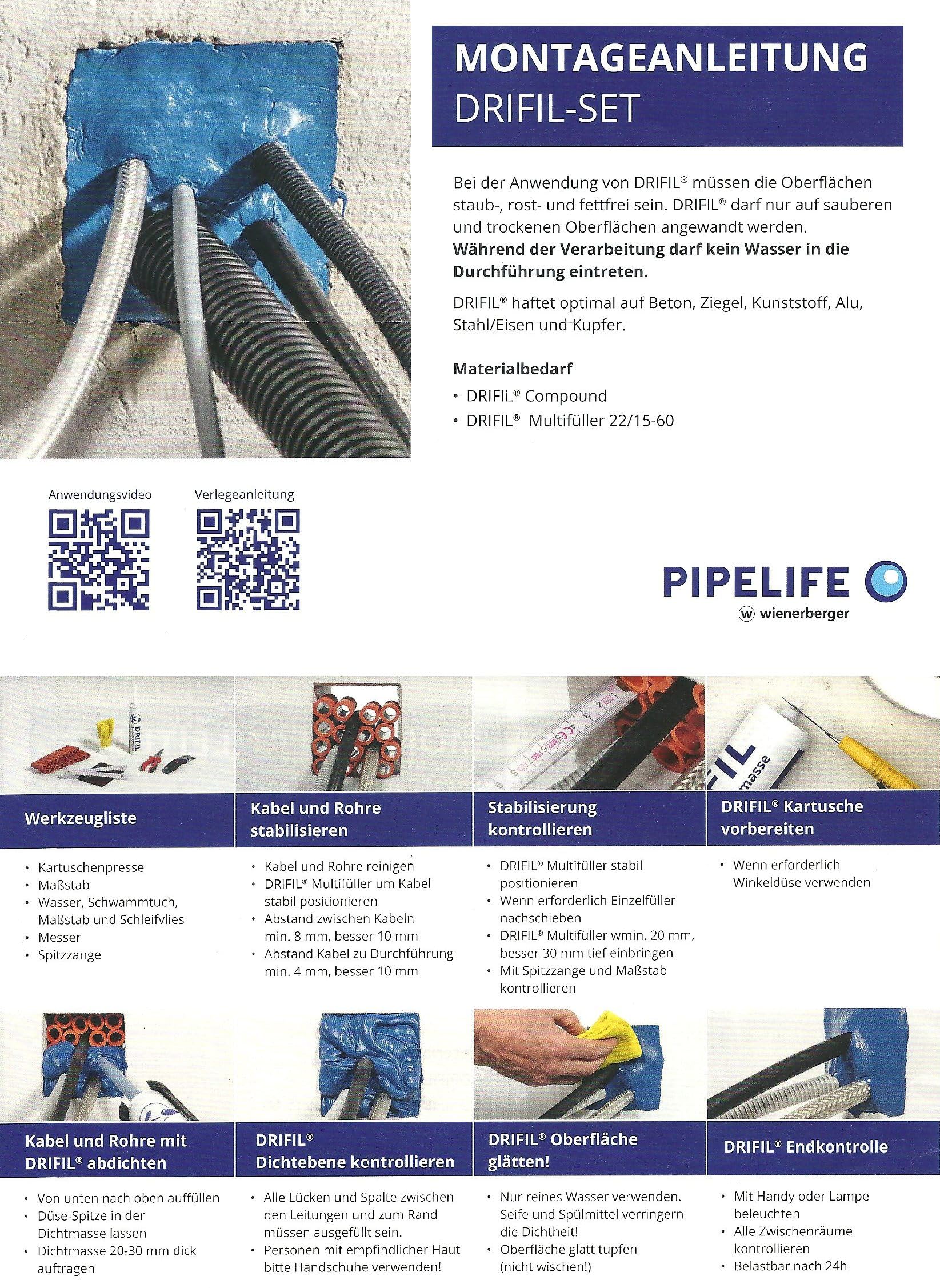 Pipelife DRIFIL SET Abdichtmasse 310ml 17 Stück Füllerröhrchen 22/15-60