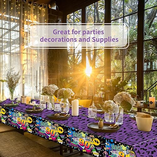 Miniatura 7 de Kasyat 3 piezas de decoraciones de fiesta de los años 90, mantel grande para fiesta temática de los años 90, mantel de plástico para cumpleaños y