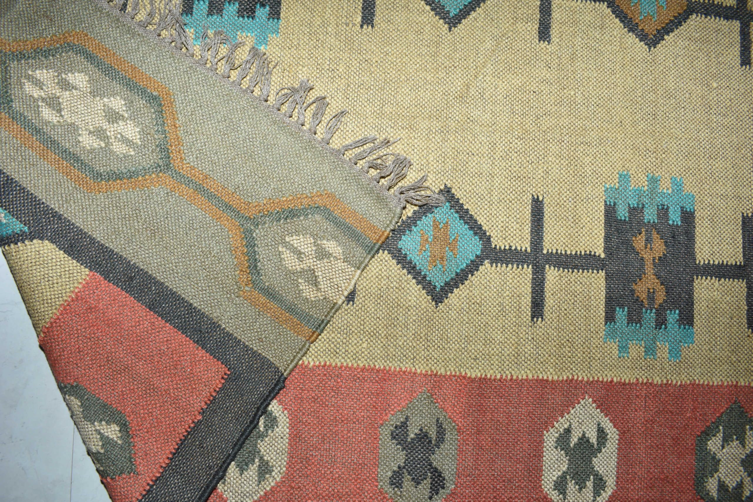 Tappeto in lana e iuta Kilim dall'aspetto rustico per soggiorno, camera da letto, sala da pranzo, tessuto a mano (90 x 150 cm)