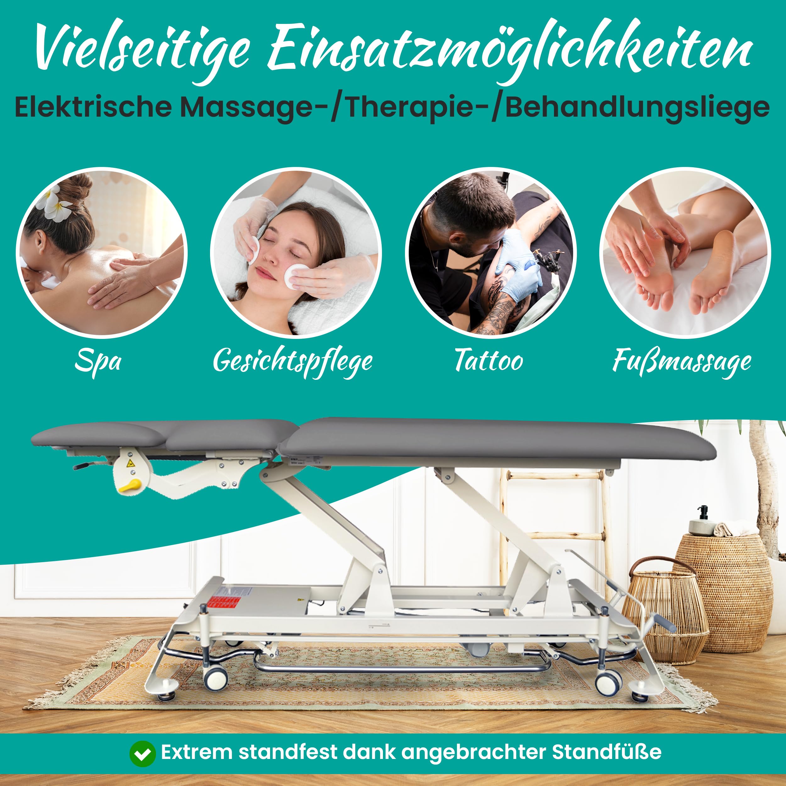 Elektrische Massageliege Houston - Therapieliege Behandlungsliege höhenverstellbar bis 95,5 cm mit 3-teiligem Kopfteil - Kosmetikliege inkl. Papierrollenhalter - Belastbar bis 200 kg