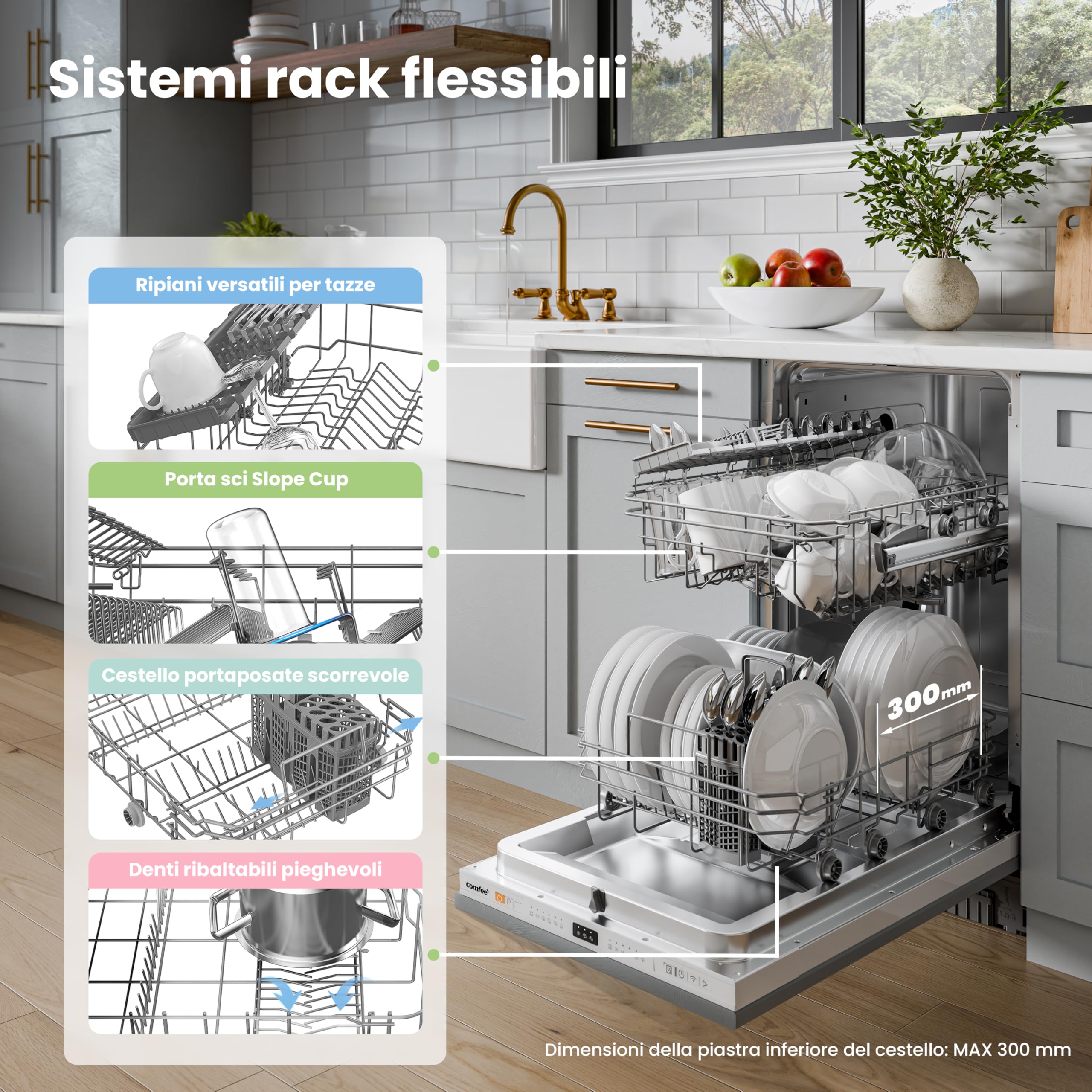 COMFEE Lavastoviglie da Incasso 45 cm 10 Coperti 8 Programmi Wifi Inox | 72℃ Hygiene Wash, Cloud Wash, Mezzo Carico, Asciugatura Extra, Sistemi rack flessibili, Avvio Ritardato, WiFi Home Connect