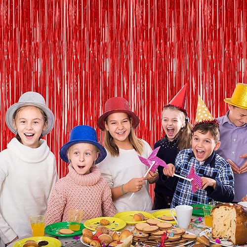 Miniatura 5 de Paquete de 2 telones de fondo de oropel rojo, cortinas de flecos de 3.28 pies x 7.05 pies, decoraciones de fiesta para aniversarios de boda