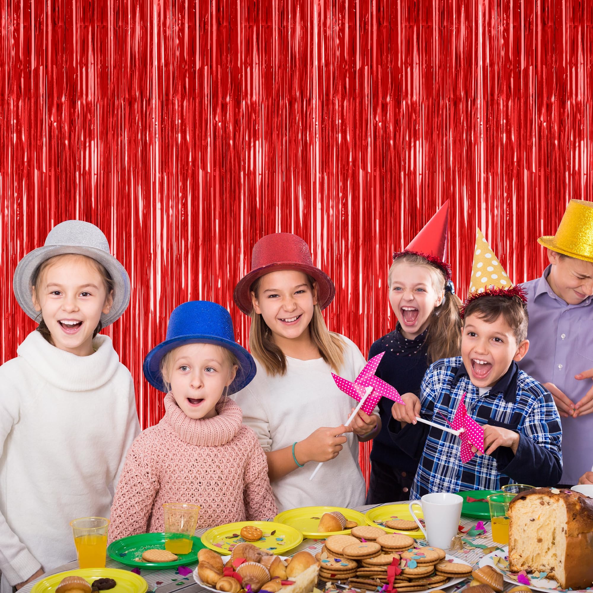 2 Pack Red Tinsel Backdrop, 3.28 FT x 7.05 FT Fringe Curtains, Red Foil Tinsel Party Streamer Backdrop Curtains, Wedding Photo Backdrop Party Decorations for Wedding Anniversaries