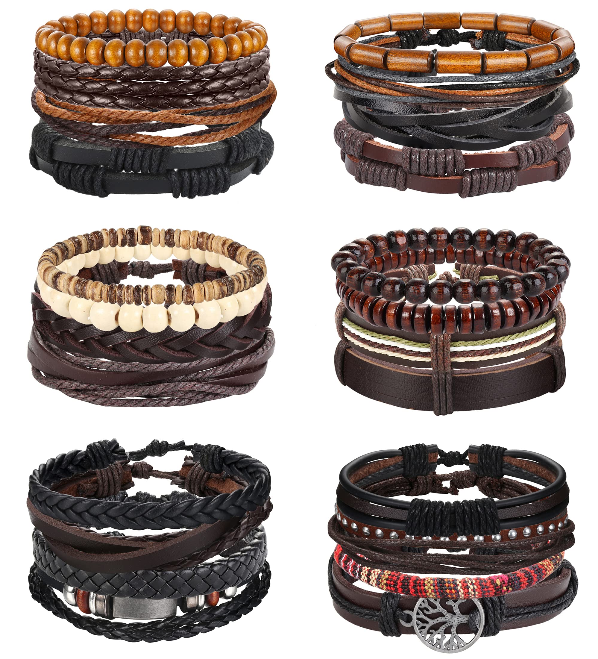 JeweBella21-24 Piezas Pulsera Cuero para Hombres Mujeres Punk Trenzado Vintage Cuentas de Madera Ojo de Tigre Multinivel Brazalete Gótica Ajustable Regalo de Personalizada Joyería