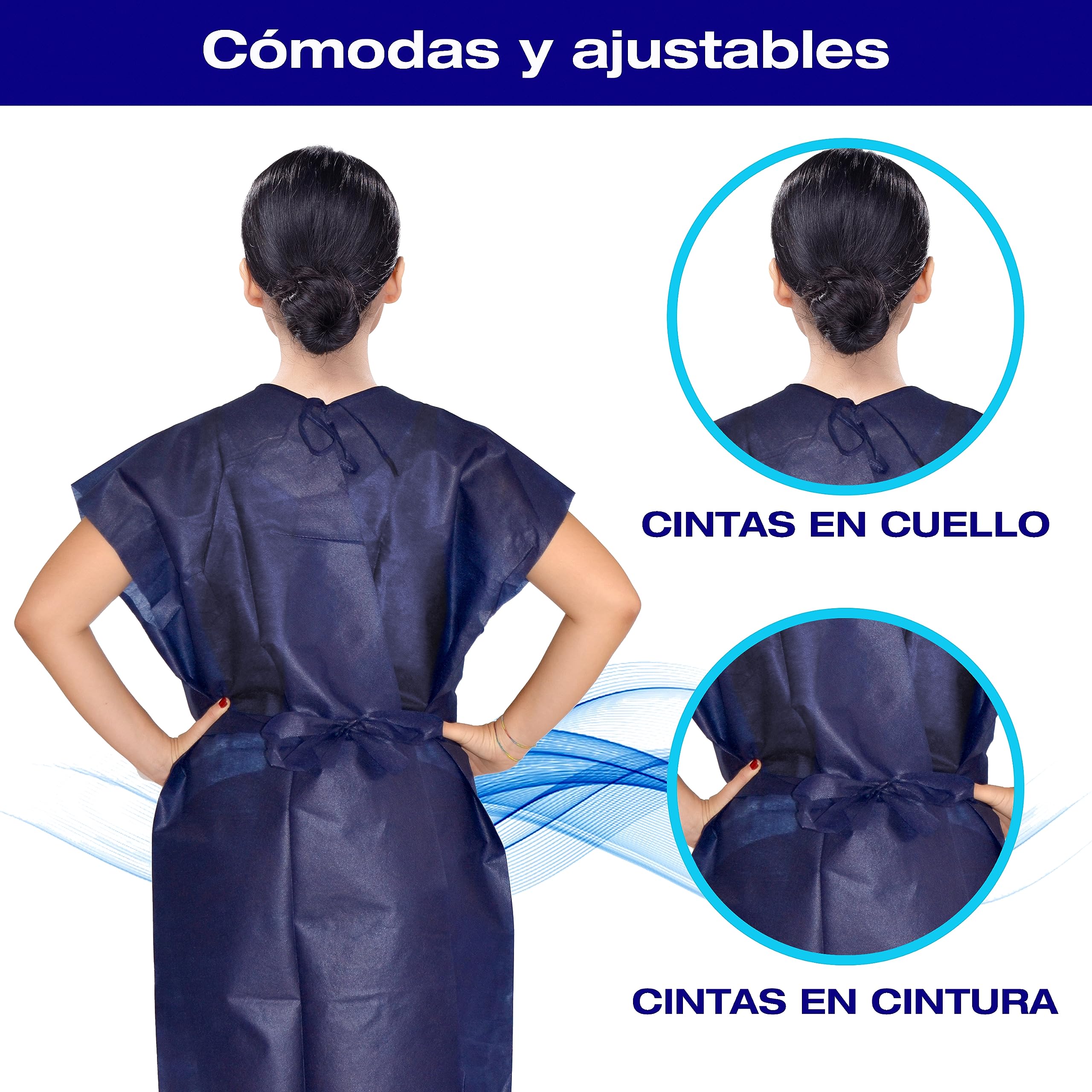 Pack 100 uds. Batas desechables sanitarias opacas - Batas desechables sin mangas con cierre trasero ajustable - Bata desechable color azul de alto gramaje de apariencia elegante