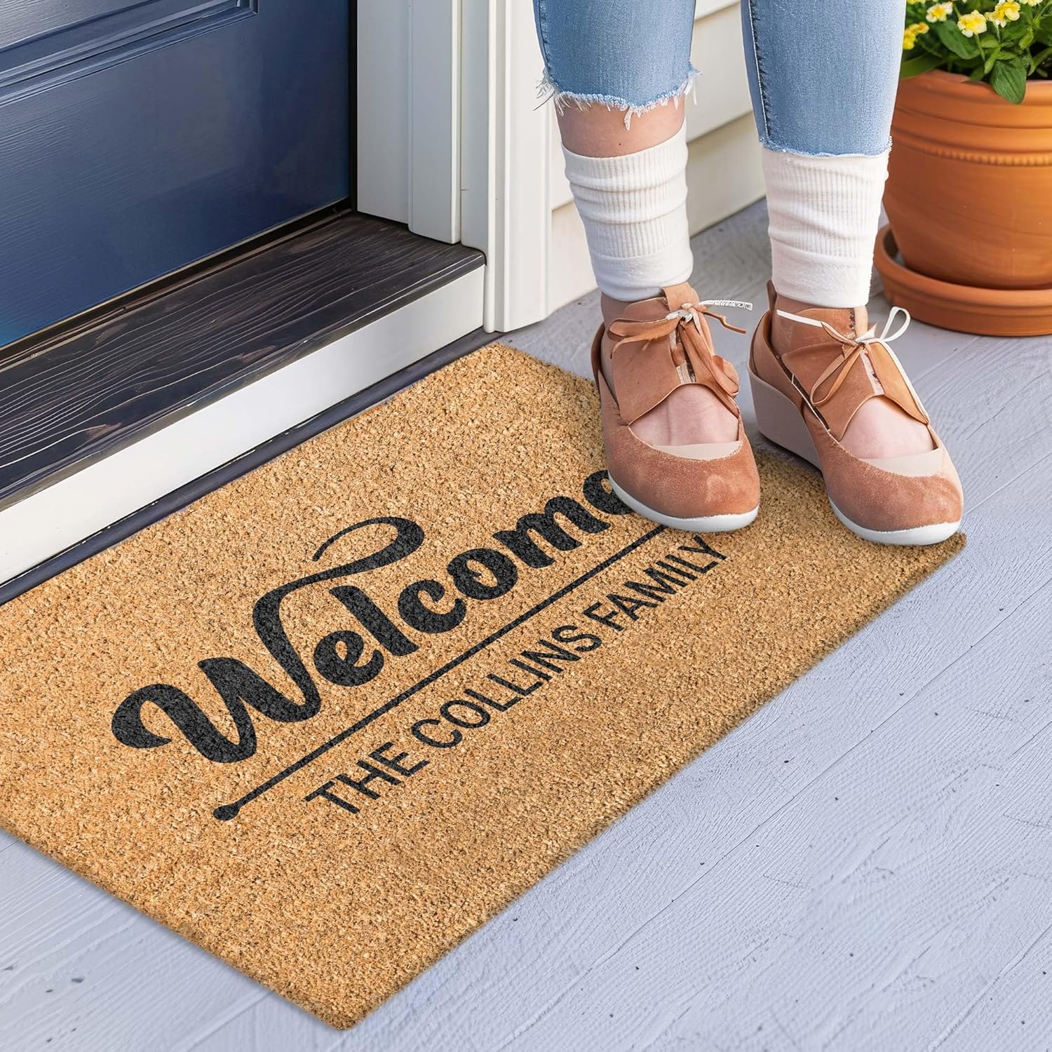 Custom Home Coir Doormat, Personalized Name for Welcome Front Door Mat Indoor/Outdoor Heavy Duty Backing, 24x16" Inches, Coir Material, Made in USA