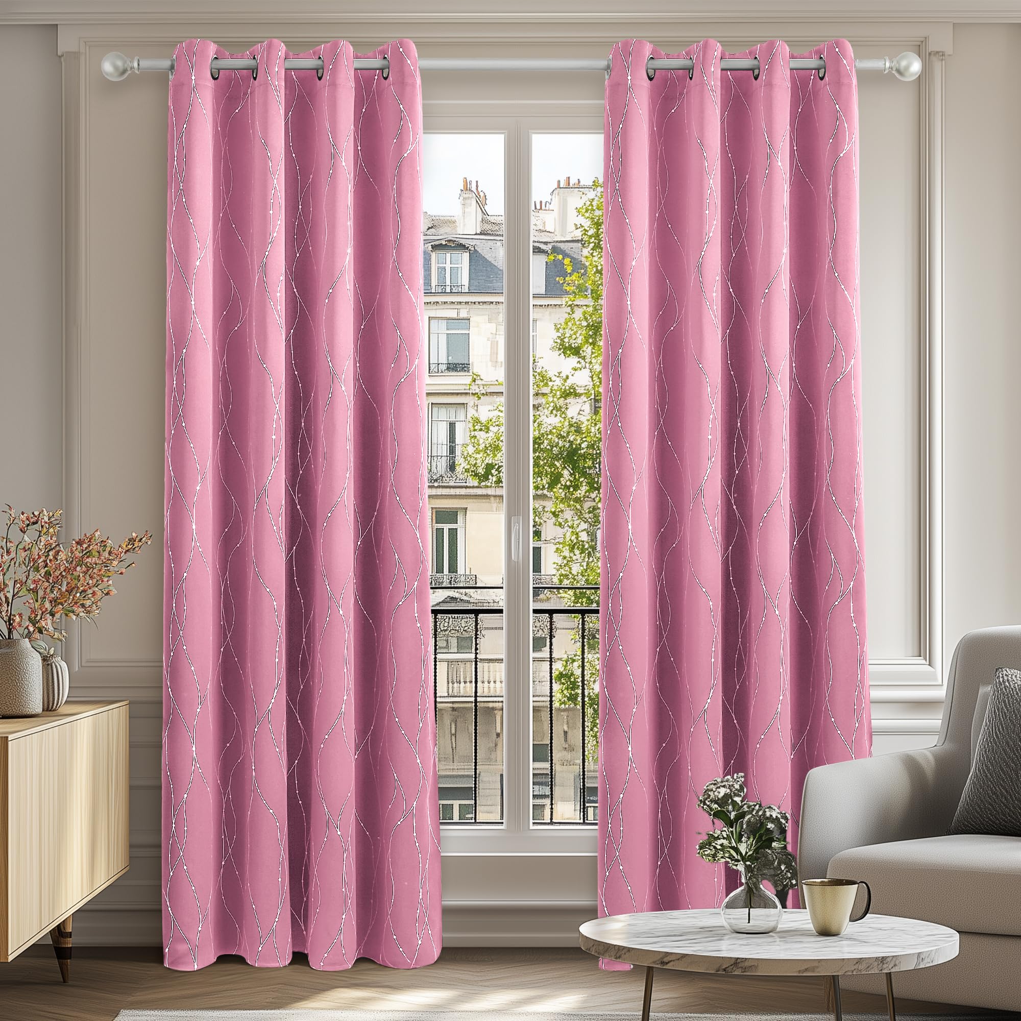 Deconovo Foil Printed Dot Line Blackout Curtains Thermal Insulated Energy Saving Eyelet Room Darkening Curtains for Bedroom 52 x 63 Inch Pink 2 Panels