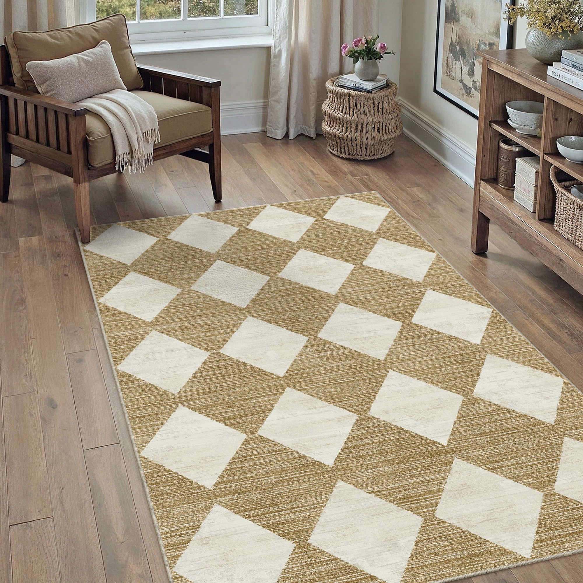 PureCozy Kariert Teppich Wohnzimmer 90x150cm Waschbarer rutschfest Weich kurzflor Boho Retro Teppiche für Küchen Schlafzimmer Esszimmer Bedroom Living Room Büro, Braun & Weiß