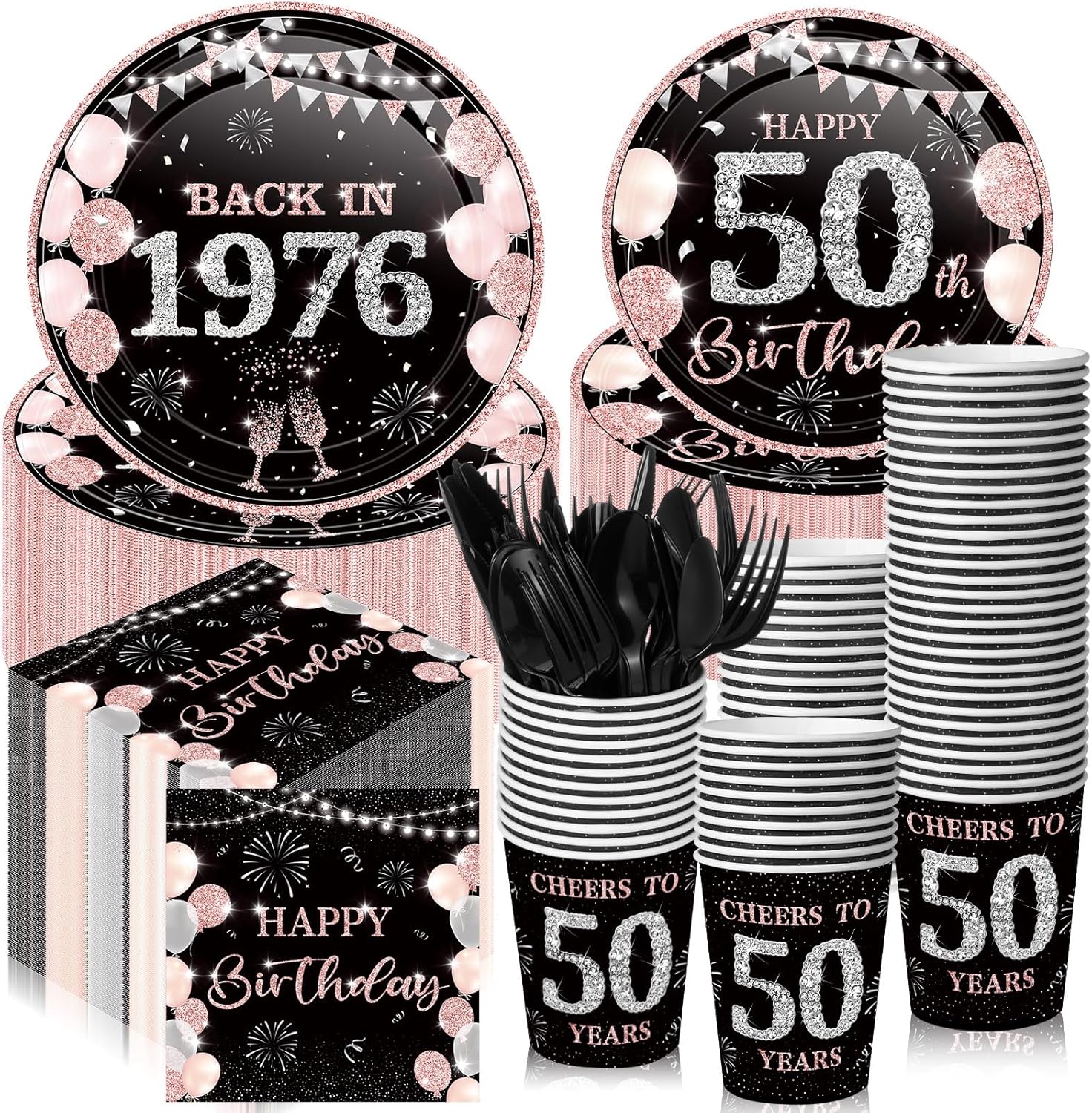 240 Pcs 40th Birthday Decorations 1986 Birthday Party Tableware Include Plates Napkins 9oz Cups Cutlery 40th Anniversary Party Supplies for Men Women Him Her, Serve 30 Guests (Black Gold)