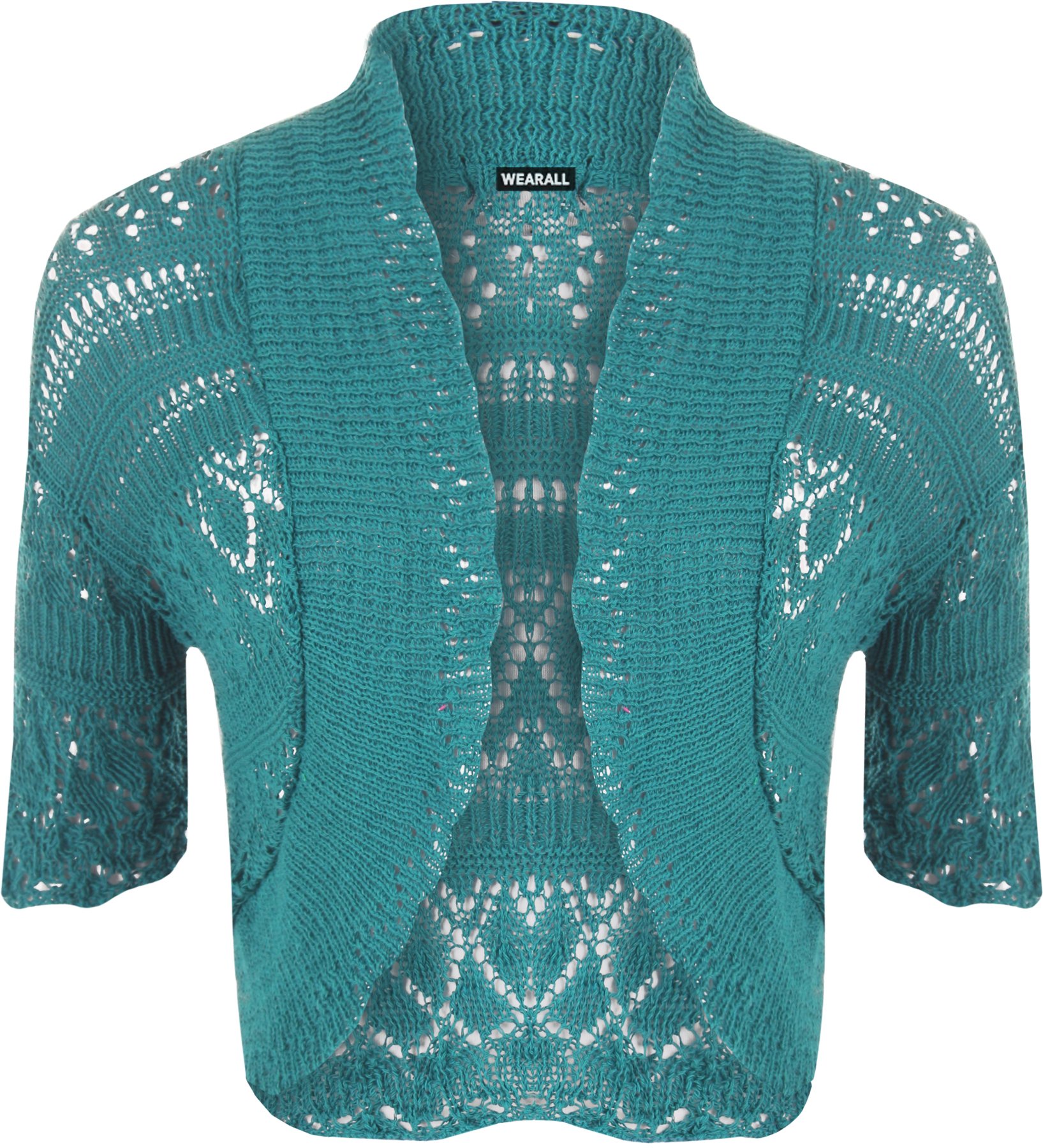 Wearall Women's Teal Crochet Shrug Knitted Bolero Top Cardigan - 8/10
