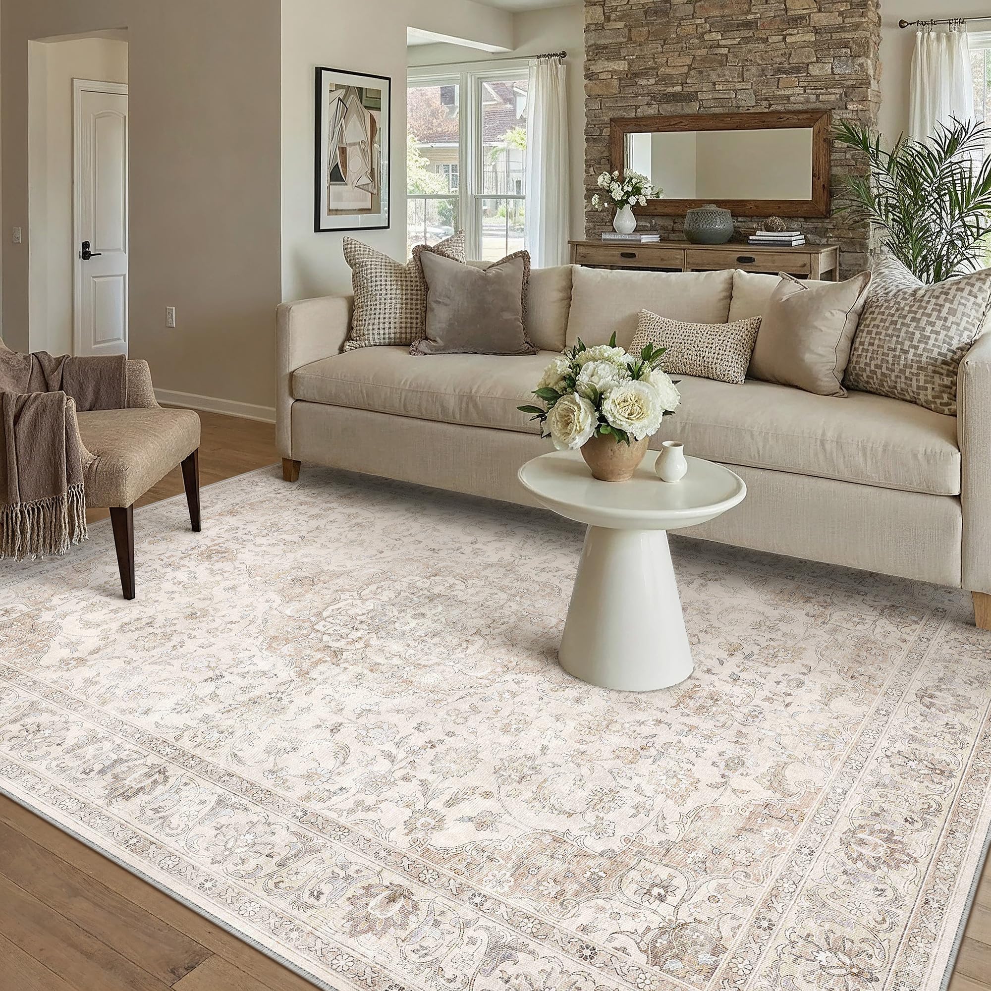 PureCozy 160x230 cm Washable Rugs Living Room, Beige Vintage Soft Area Rugs with Non-Slip Backing, Machine Washable, Lightweight Low-Pile Carpet for Office Dining Room Indoor — image 1