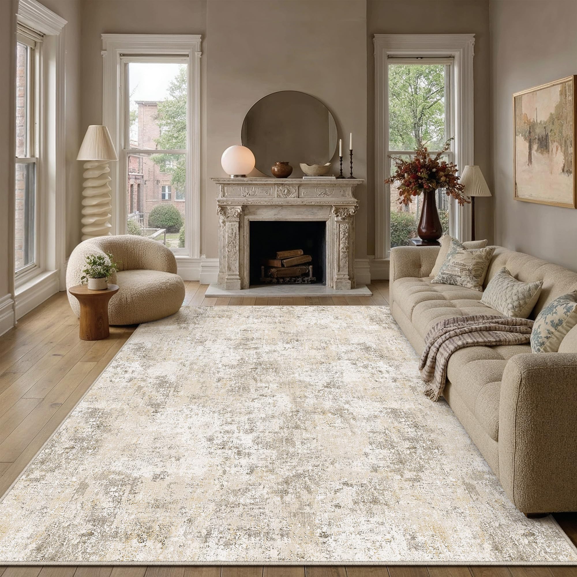 PureCozy Rugs Living Room Rug 200x300cm Beige Washable Non Slip Abstract Natural Neutral Modern Large Carpet Bedroom Lounge Bedside Kitchen Hall Low Pile Carpets โ image 1