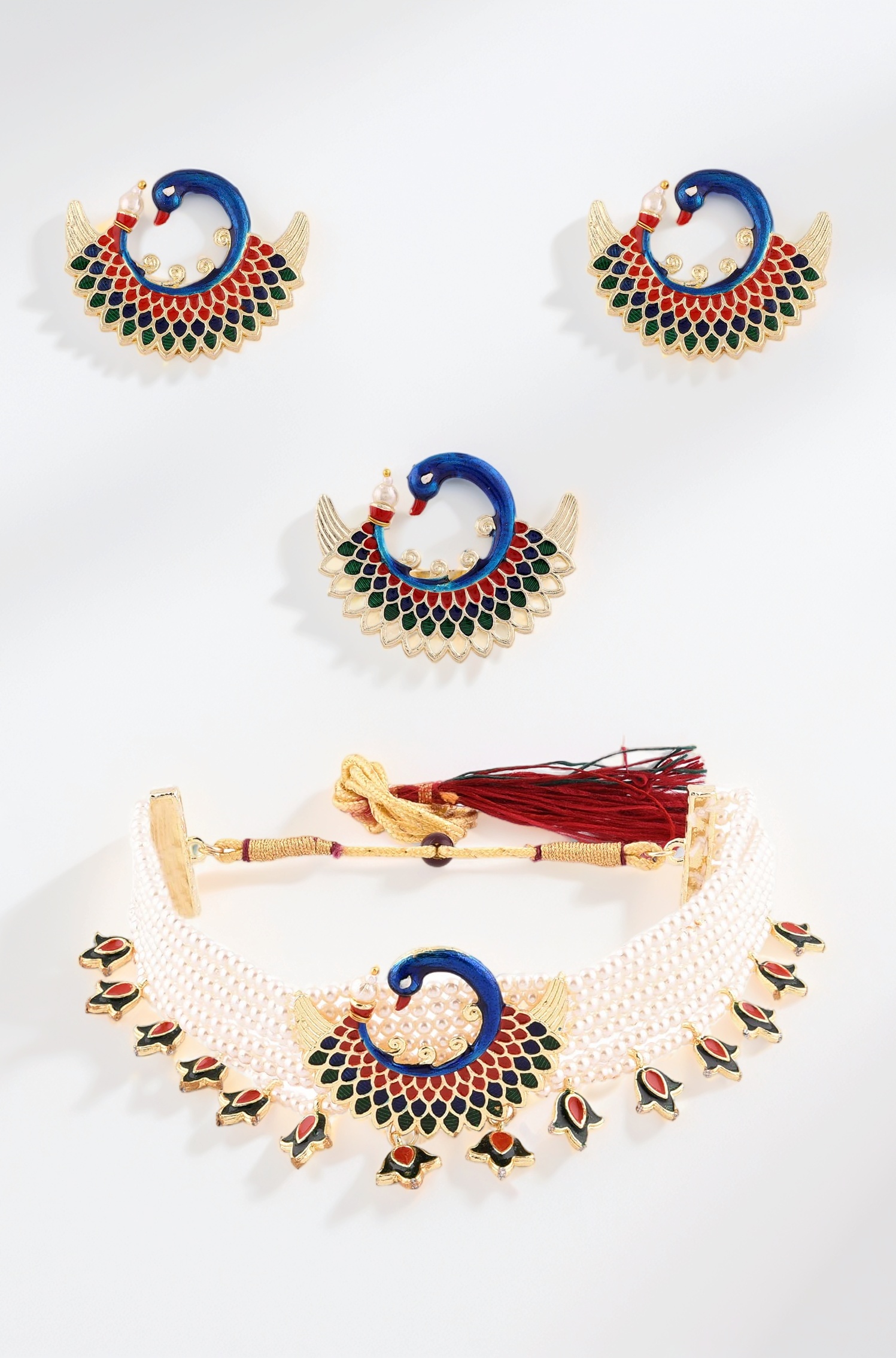 Multicolor Meenakari Peacock Inspired Multistrand Pearls Choker Necklace Earring & Ring Set For Women-ZPFK14436