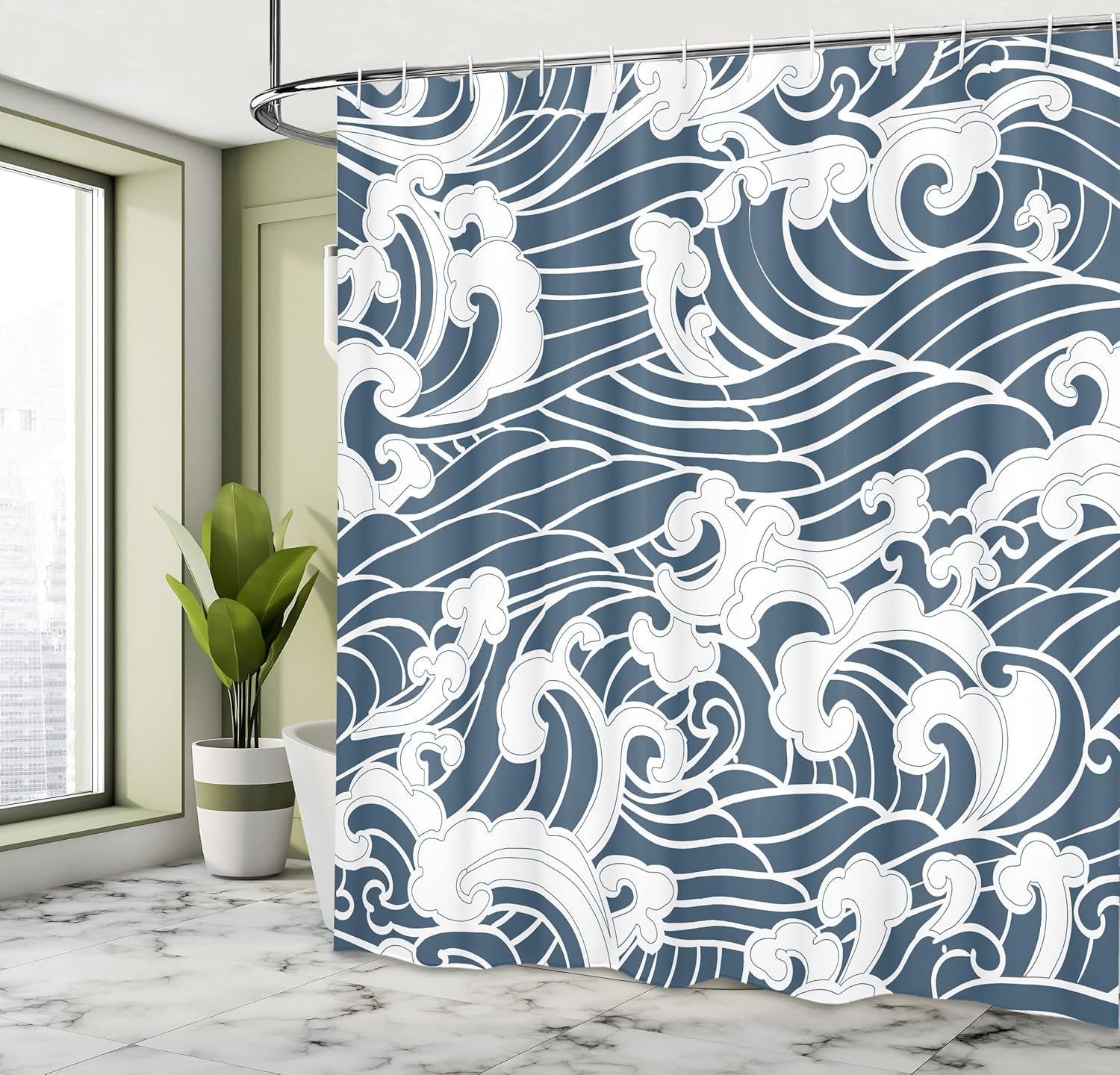 Ambesonne Japanese Wave Shower Curtain, Hand Drawn Traditional Style Aquatic Doodle River Storm Retro Abstract, Cloth Fabric Bathroom Decor Set with Hooks, 69" W x 75" L, Slate Blue